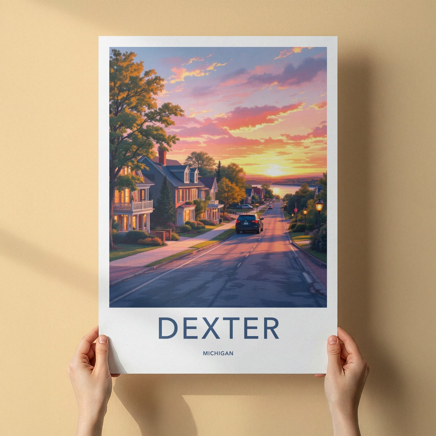 DEXTER Poster - Michigan Travel Art - Lakeside Sunset Street Home Decor