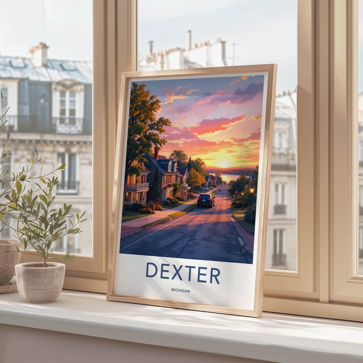 DEXTER Poster - Michigan Travel Art - Lakeside Sunset Street Home Decor