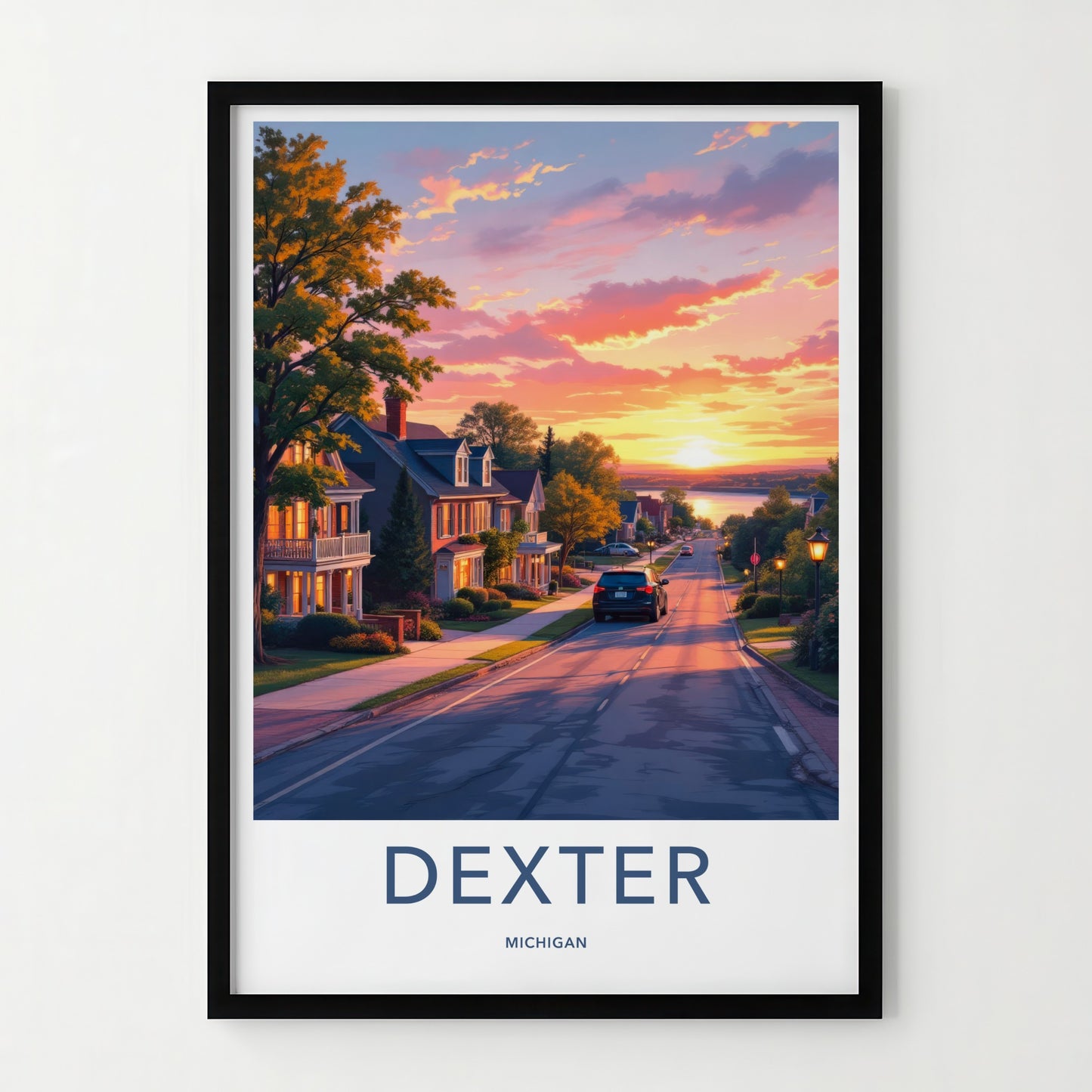 DEXTER Poster - Michigan Travel Art - Lakeside Sunset Street Home Decor