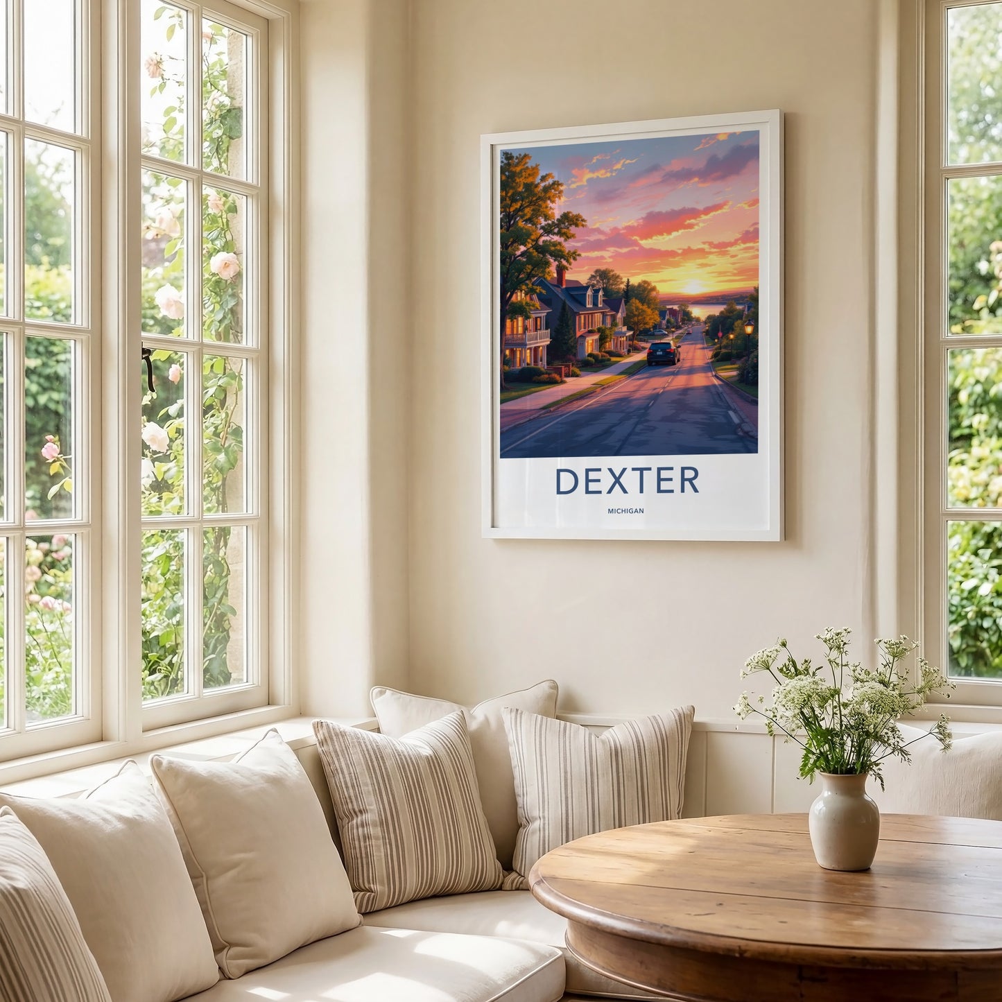 DEXTER Poster - Michigan Travel Art - Lakeside Sunset Street Home Decor