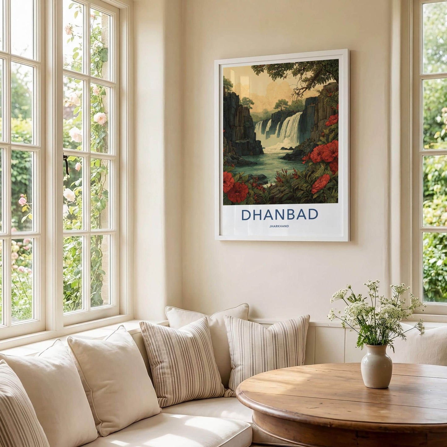 Dhanbad Poster - India Travel Art - Jharkhand Red Flowers Waterfalls Home Decor