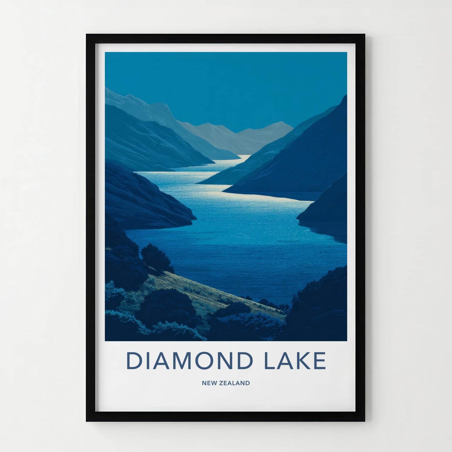Diamond Lake Poster - New Zealand Scenic Art - Moonlit Alpine Water Wall Decor