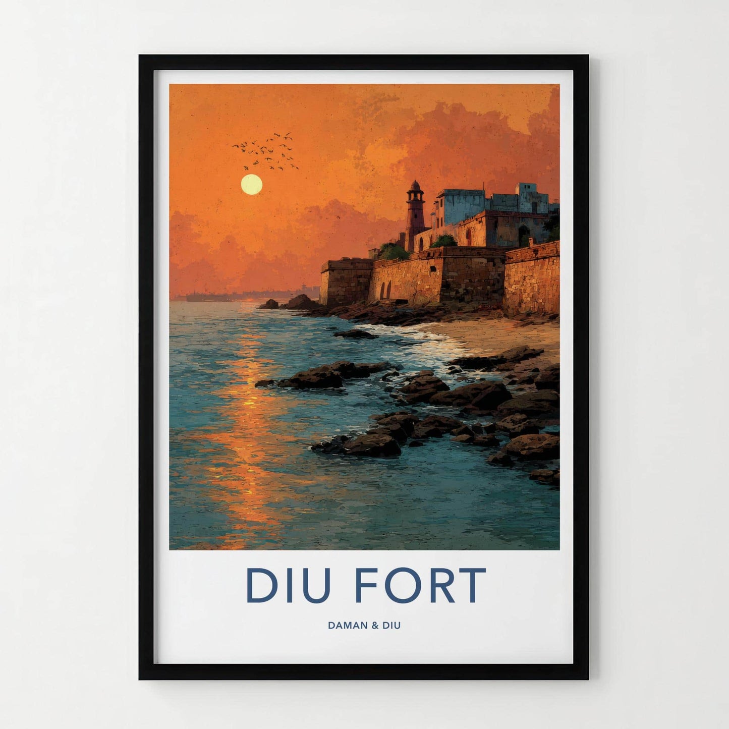 Diu Fort Poster - India Travel Art - Daman & Diu coastal fort sunset Home Decor
