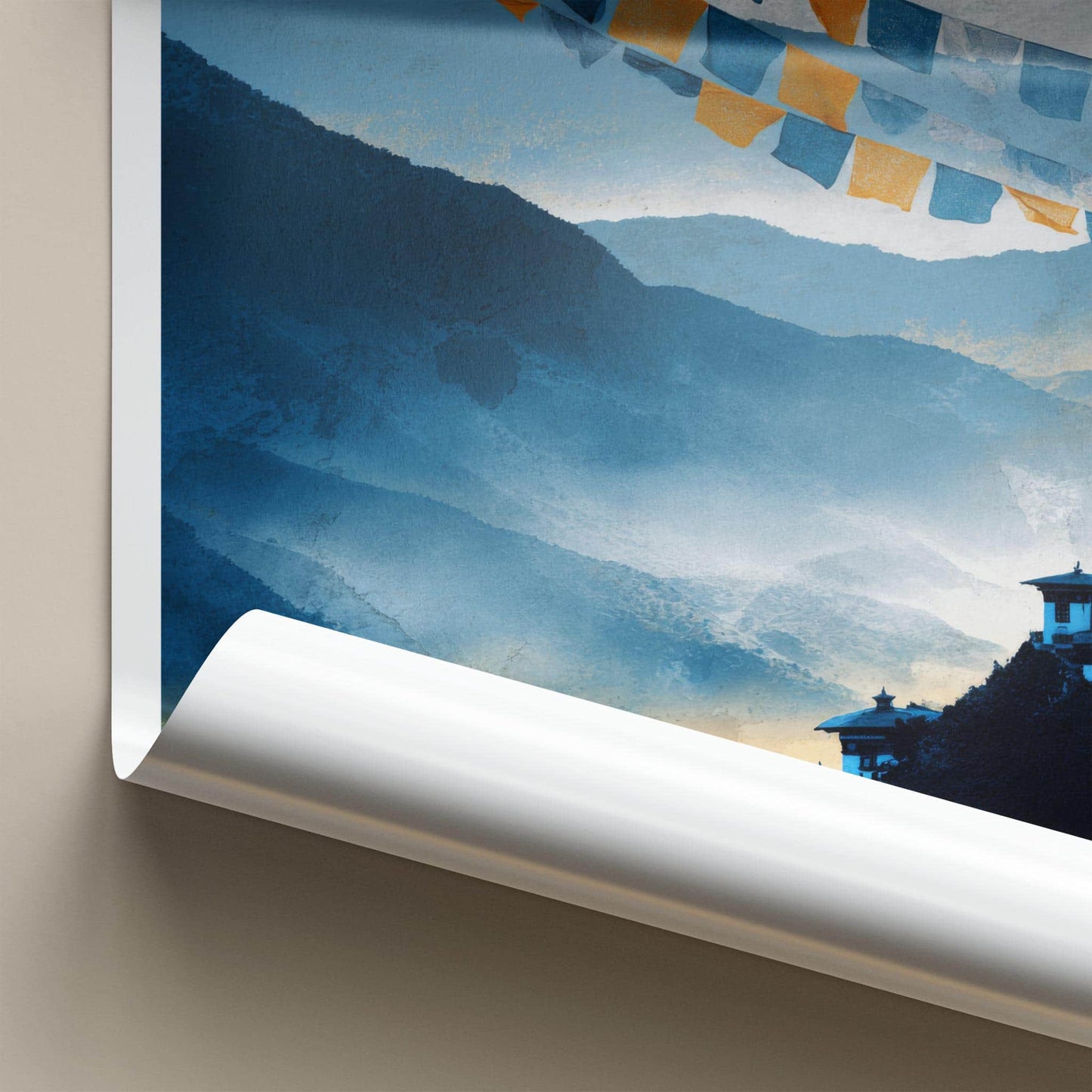 Dochu La Poster - Bhutan Travel Art - Misty Mountain Temples Home Decor