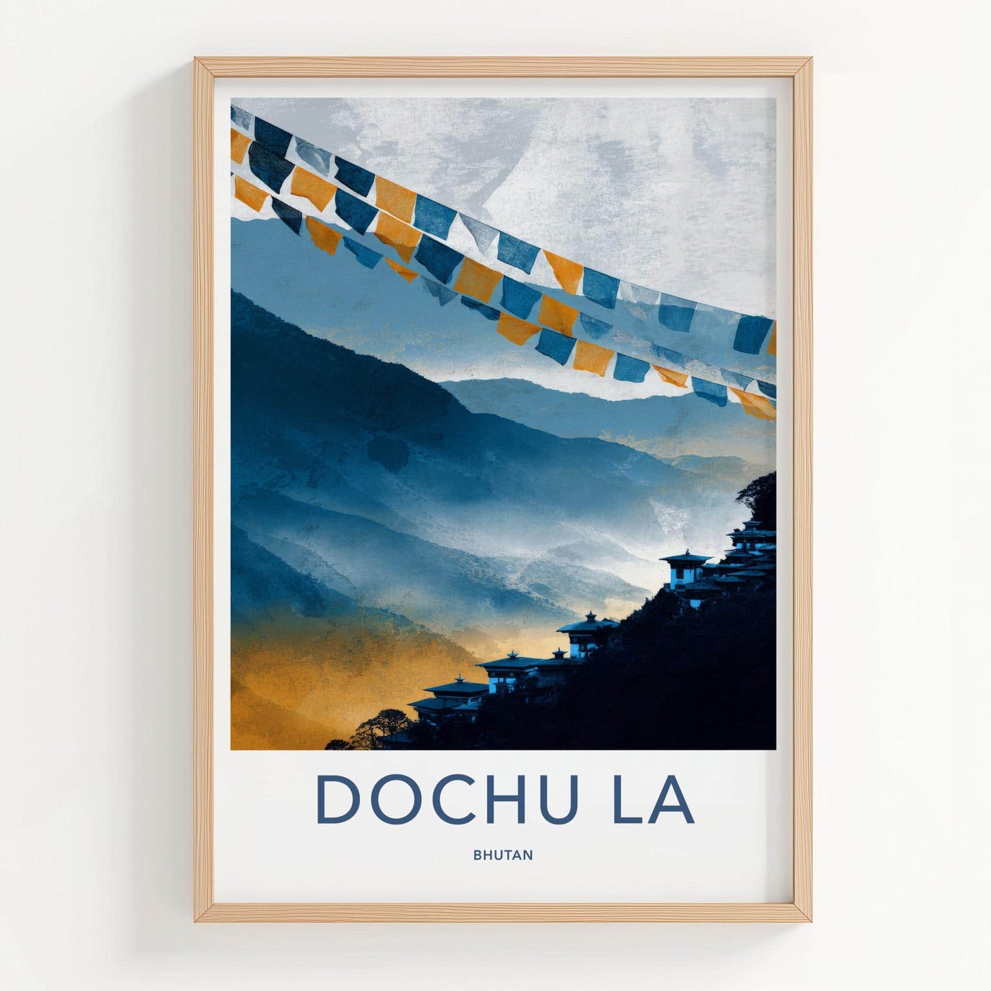 Dochu La Poster - Bhutan Travel Art - Misty Mountain Temples Home Decor
