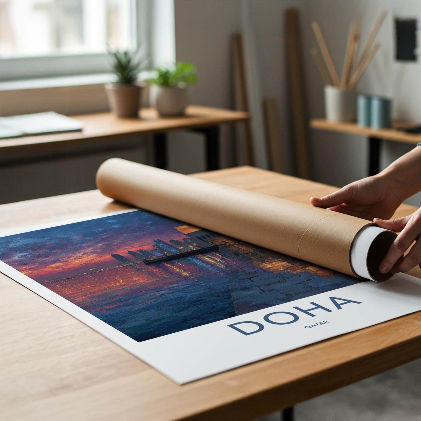 Doha Poster - Qatar Travel Art - Dusk Waterfront Skyline Home Decor