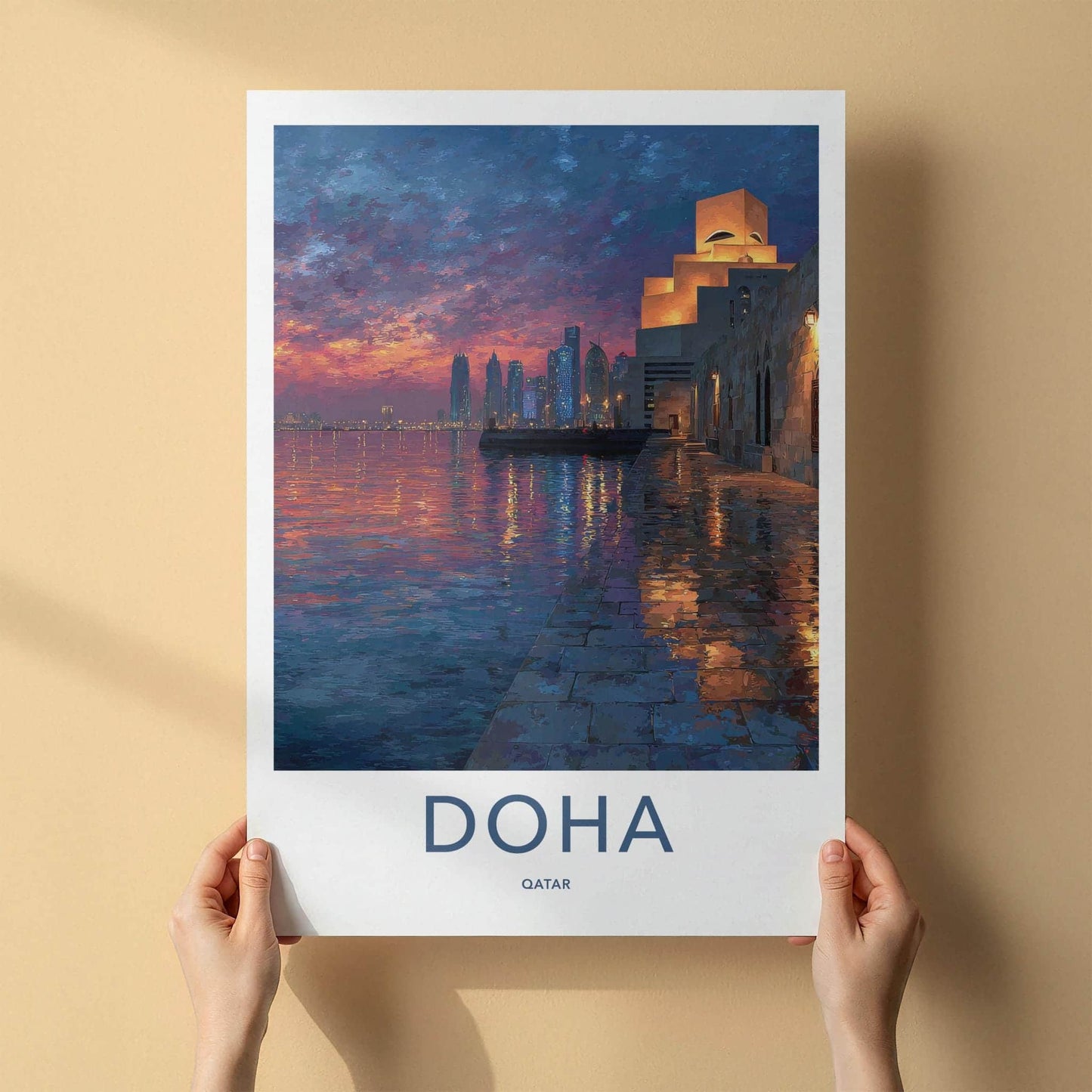 Doha Poster - Qatar Travel Art - Dusk Waterfront Skyline Home Decor