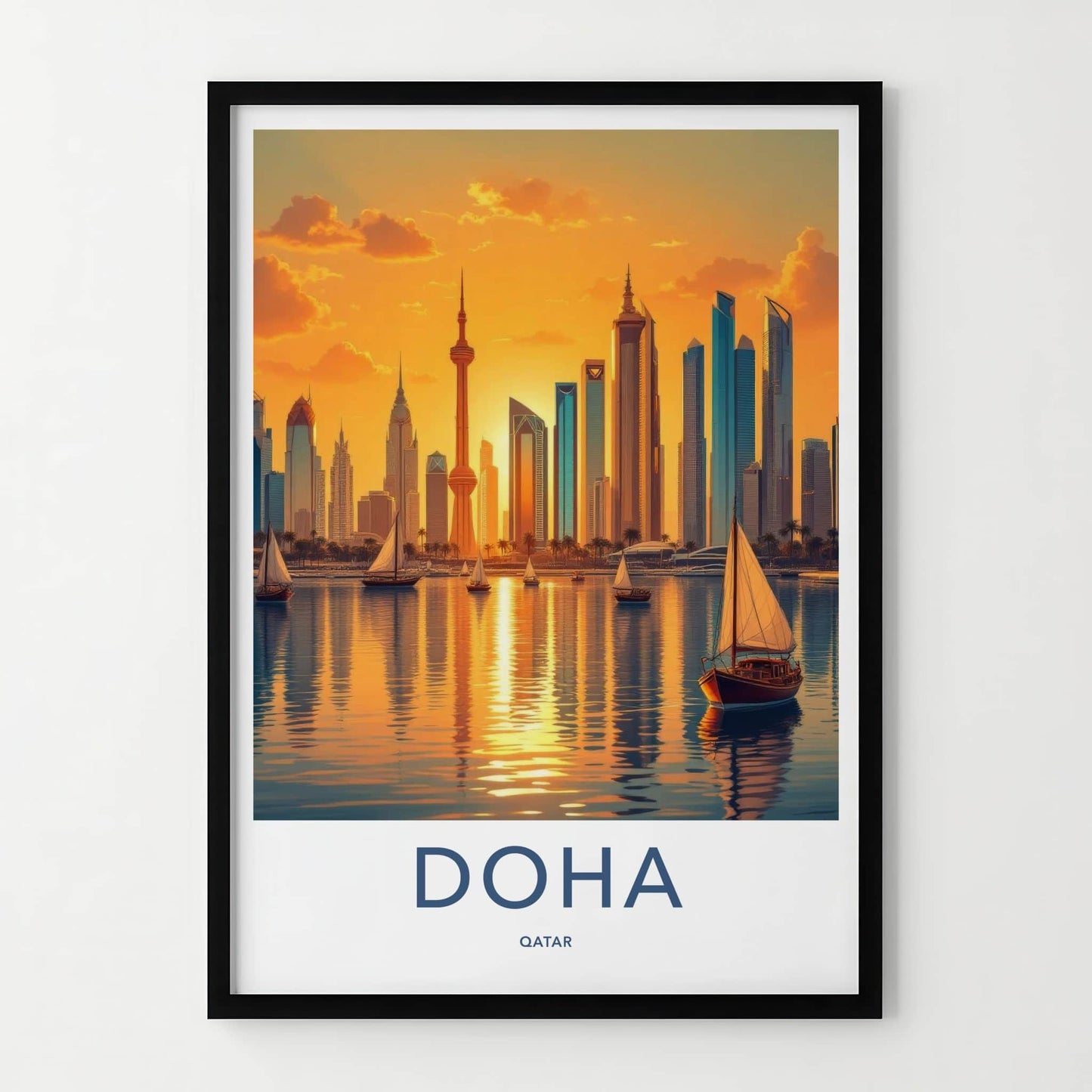 Doha Poster - Qatar Travel Art - Harbor Cityscape Glow Home Decor