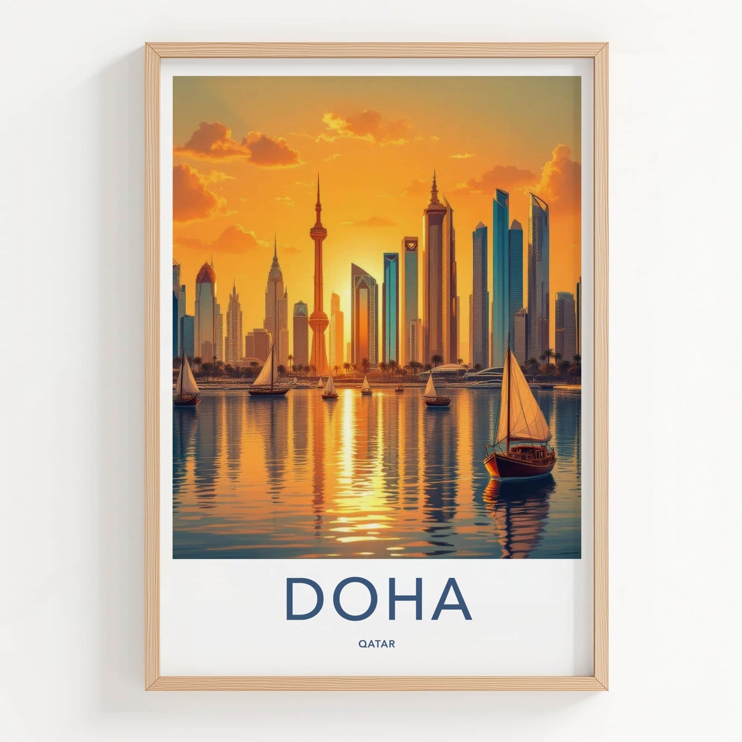 Doha Poster - Qatar Travel Art - Harbor Cityscape Glow Home Decor