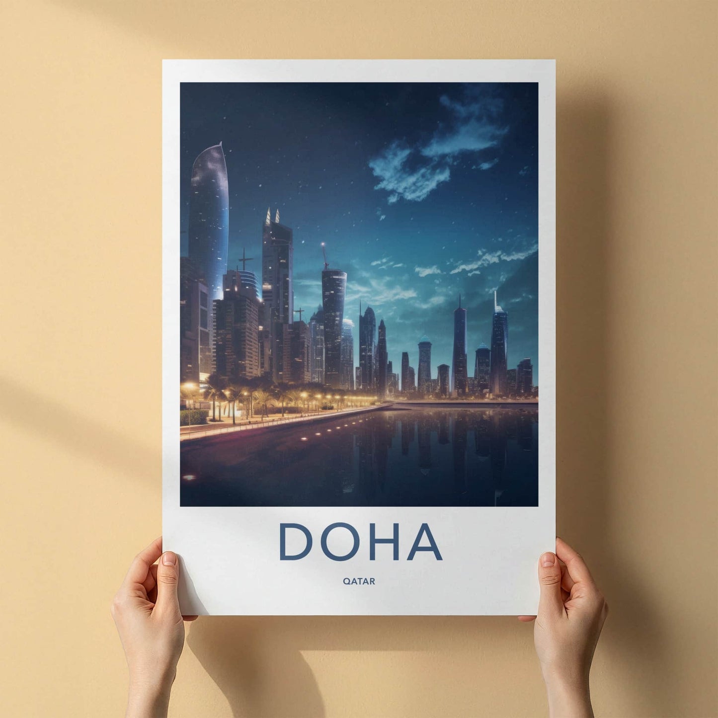 Doha Poster - Qatar Travel Art - Modern Skyline Reflection Home Decor