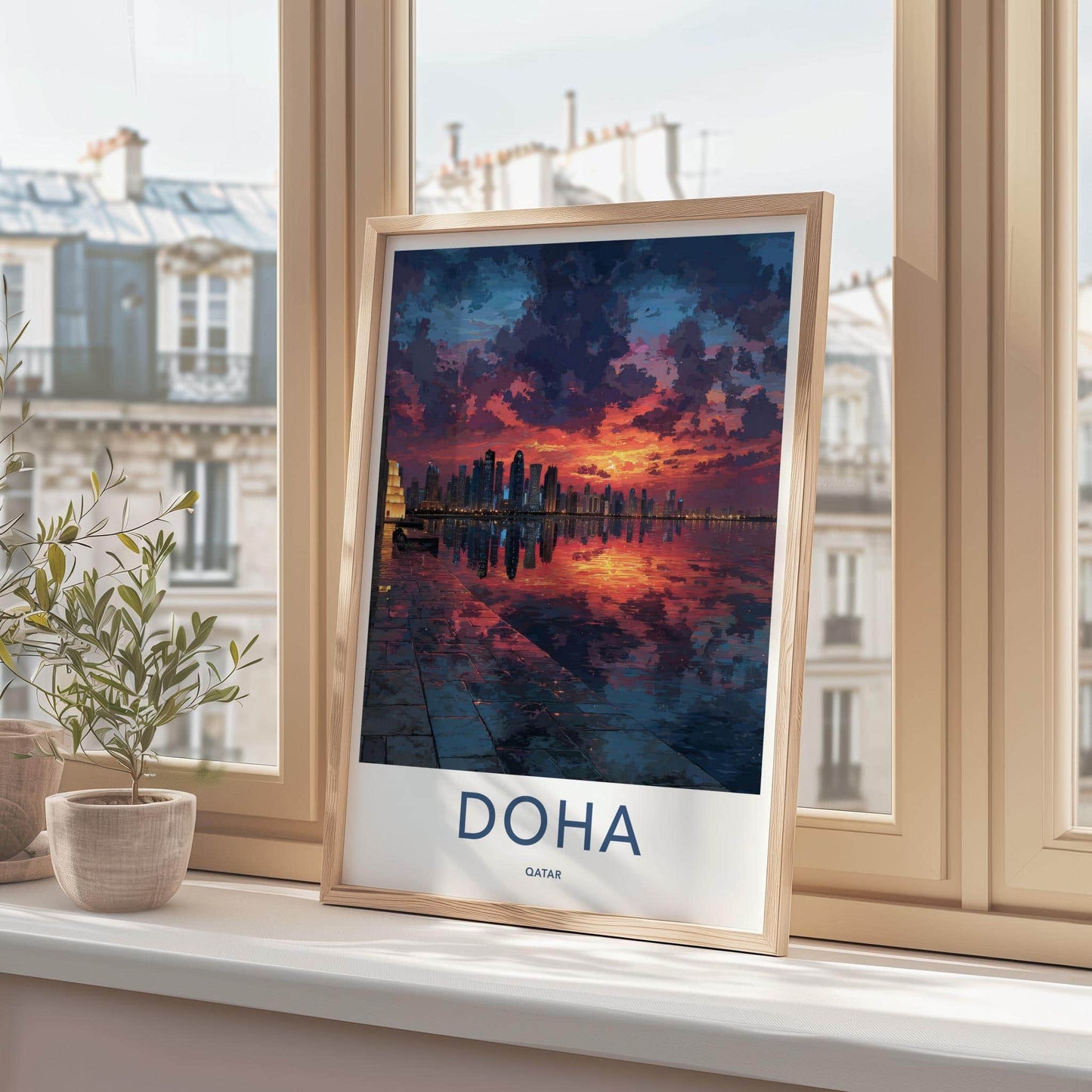 Doha Poster - Qatar Travel Art - Vibrant Skyline Reflection Home Decor