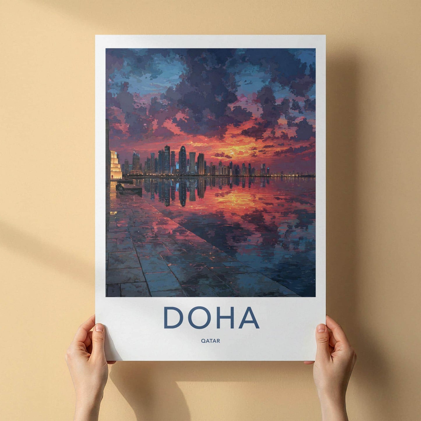Doha Poster - Qatar Travel Art - Vibrant Skyline Reflection Home Decor