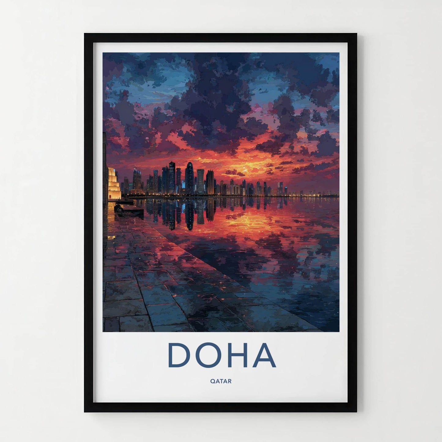 Doha Poster - Qatar Travel Art - Vibrant Skyline Reflection Home Decor