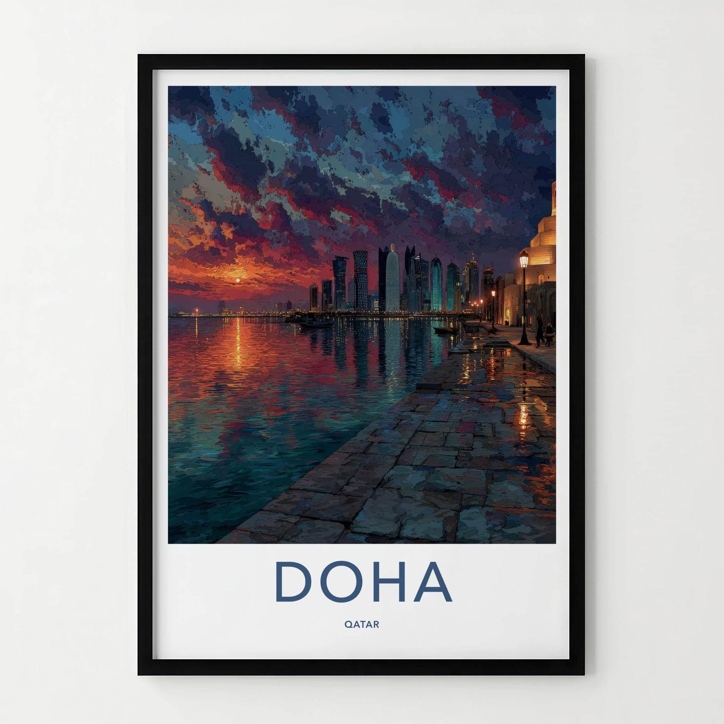 Doha Poster - Qatar Travel Art - Vibrant Waterfront Sunset Home Decor