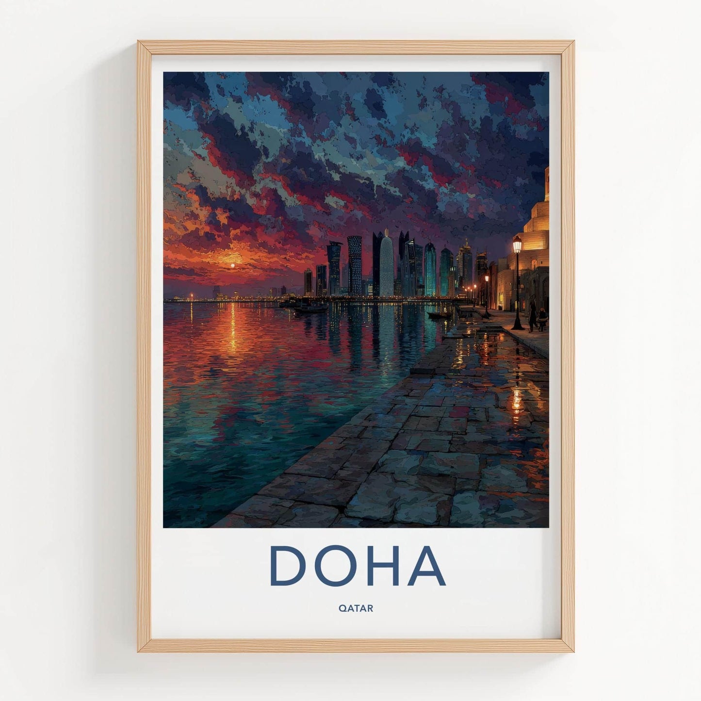 Doha Poster - Qatar Travel Art - Vibrant Waterfront Sunset Home Decor
