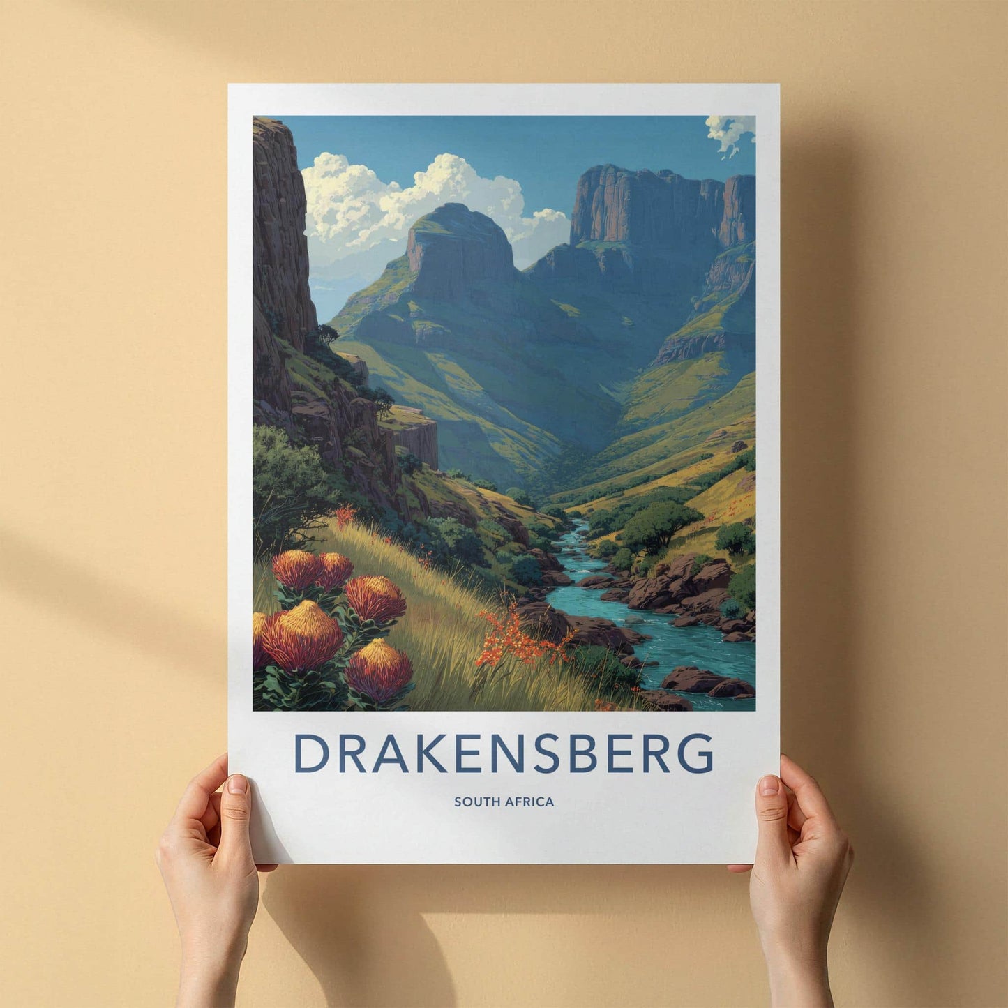 Drakensberg Poster - South Africa Travel Art - Towering Peaks River Wall Decor