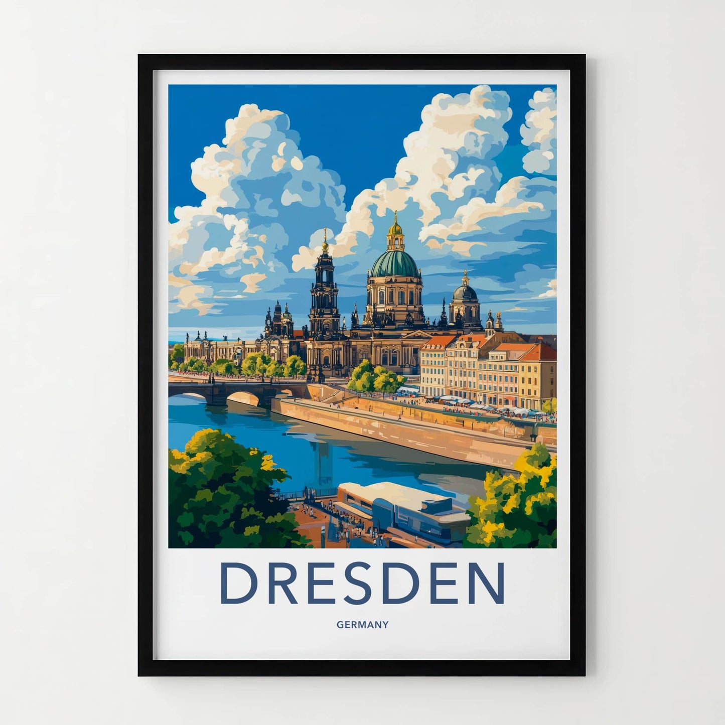 Dresden Poster - Germany Travel Art - Riverfront Cathedral Sky Home Decor