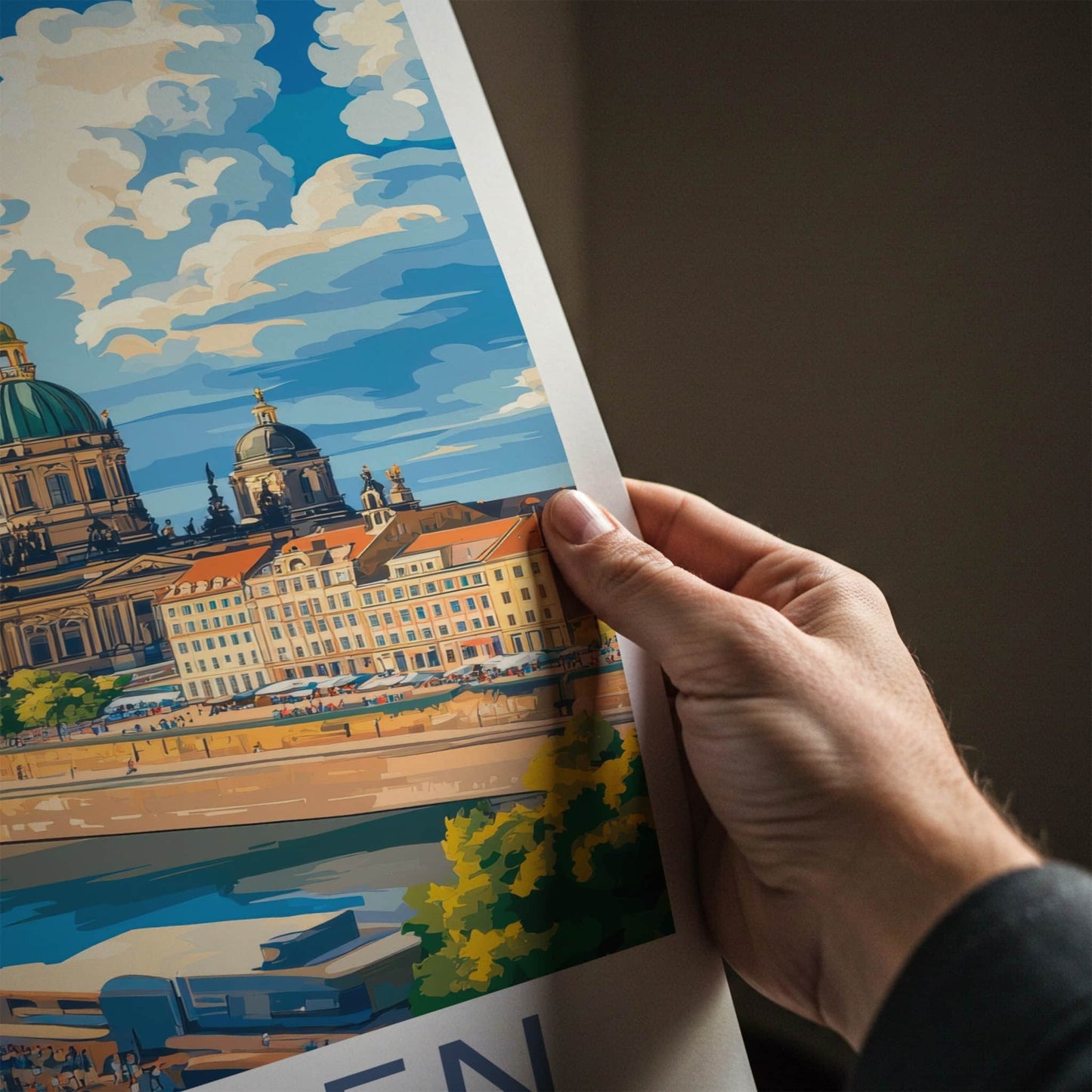 Dresden Poster - Germany Travel Art - Riverfront Cathedral Sky Home Decor