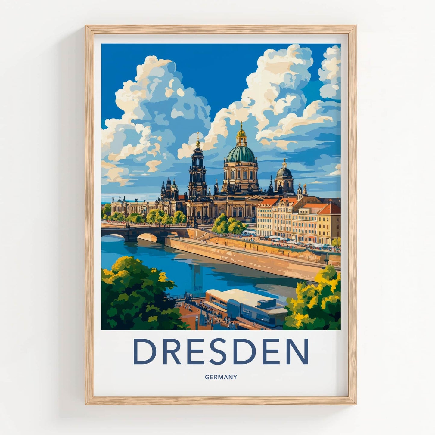 Dresden Poster - Germany Travel Art - Riverfront Cathedral Sky Home Decor