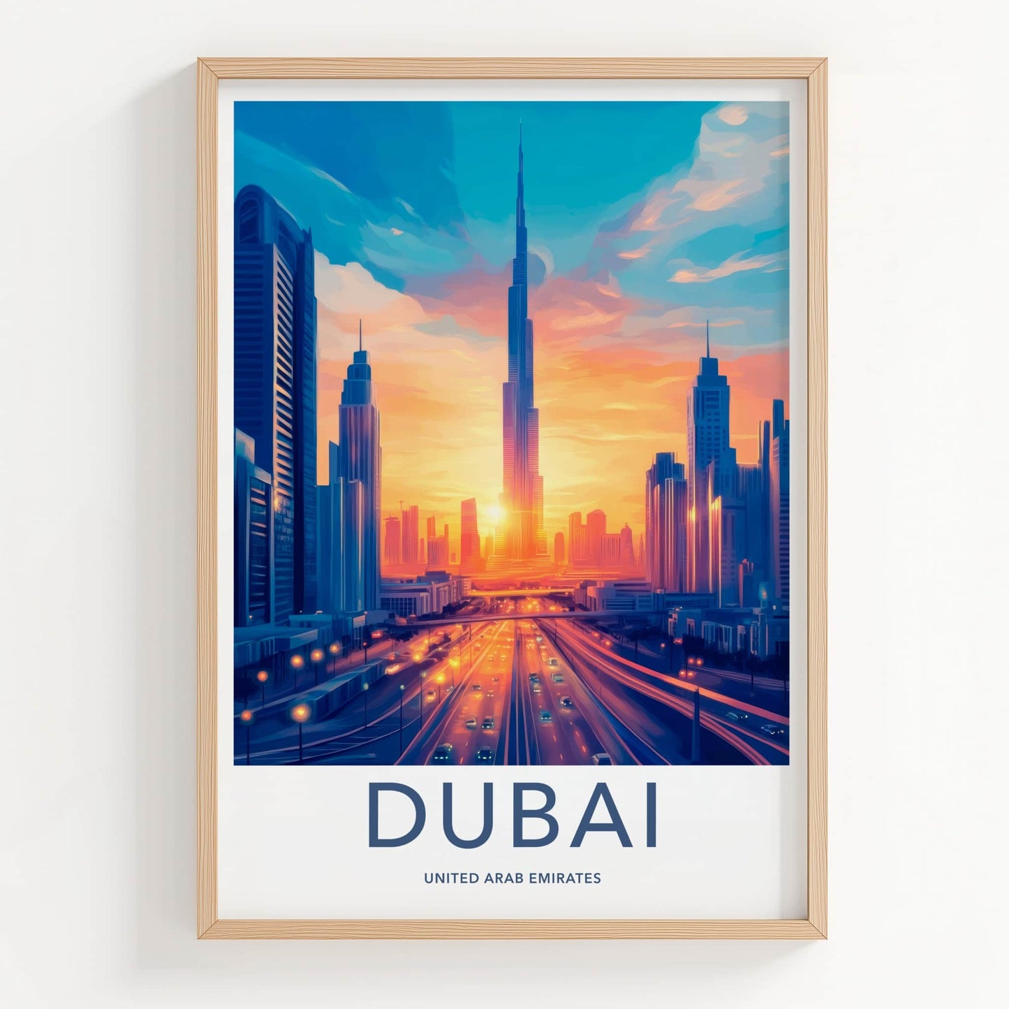 Dubai Poster - United Arab Emirates Travel Art - Cityscape Sunset Highway Home Decor