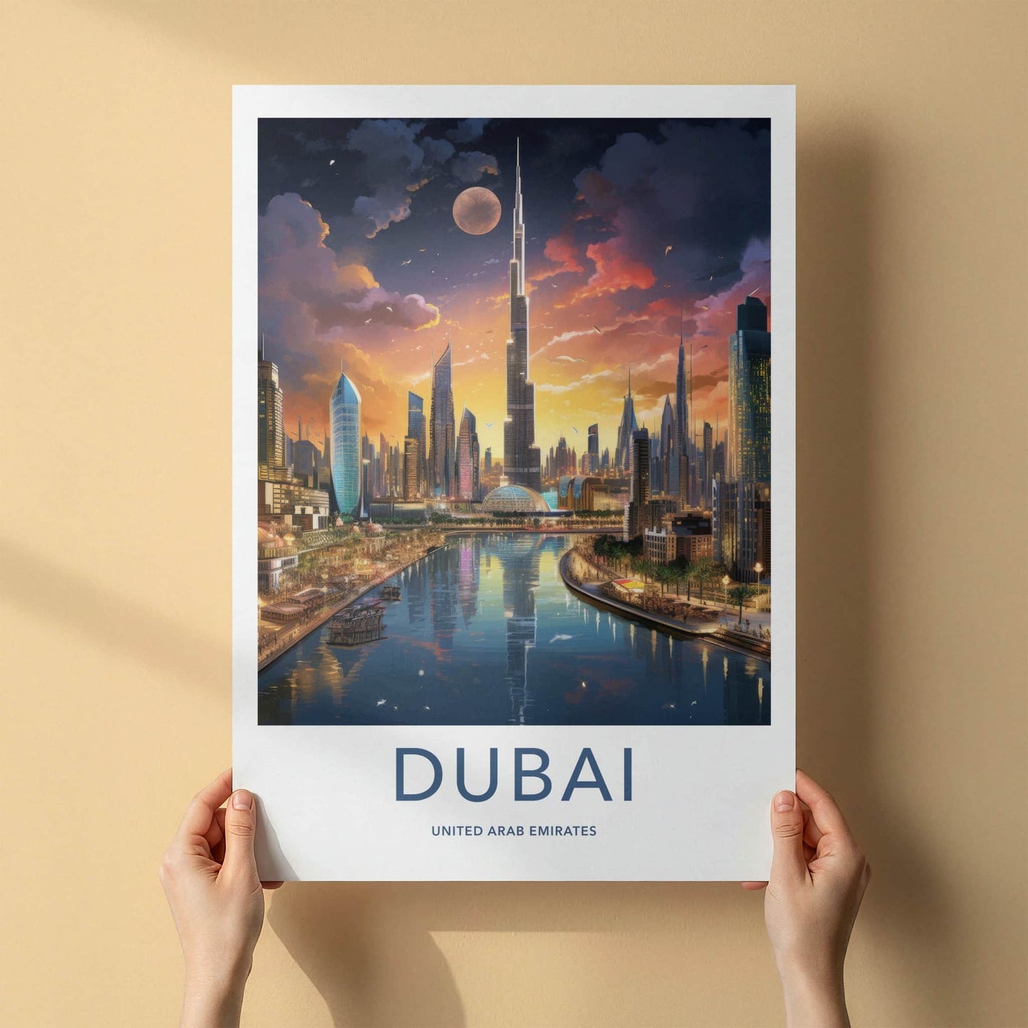 Dubai Poster - United Arab Emirates Travel Art - Skyscraper River Sunset Home Decor
