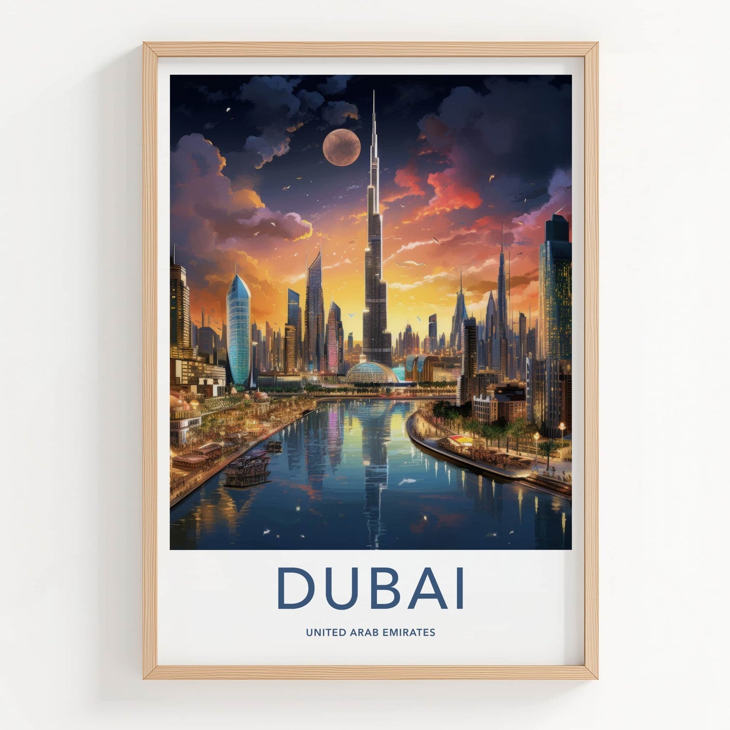 Dubai Poster - United Arab Emirates Travel Art - Skyscraper River Sunset Home Decor