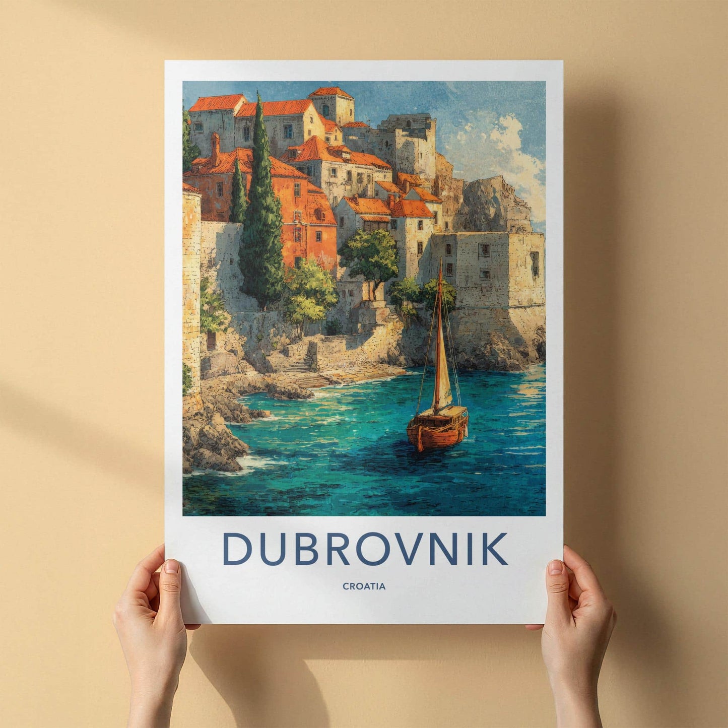Dubrovnik Poster - Croatia Travel Art - Coastal Town Sailboat Home Decor