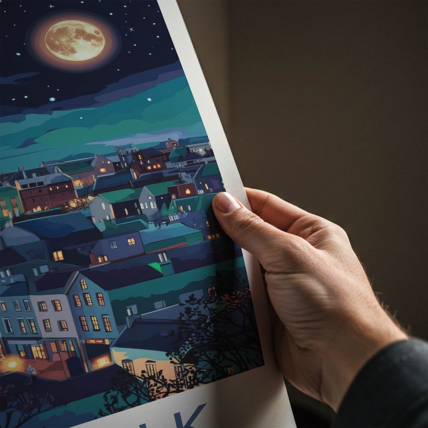 Dundalk Poster - Ireland Travel Art - Moonlit Town Spire Home Decor