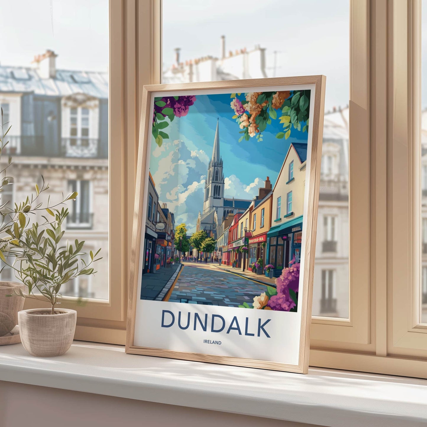 Dundalk Poster - Ireland Travel Art - Sunny Street Church Home Decor