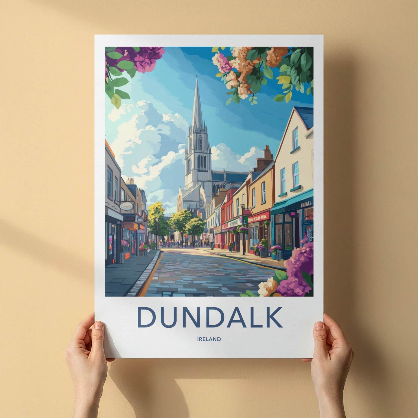 Dundalk Poster - Ireland Travel Art - Sunny Street Church Home Decor