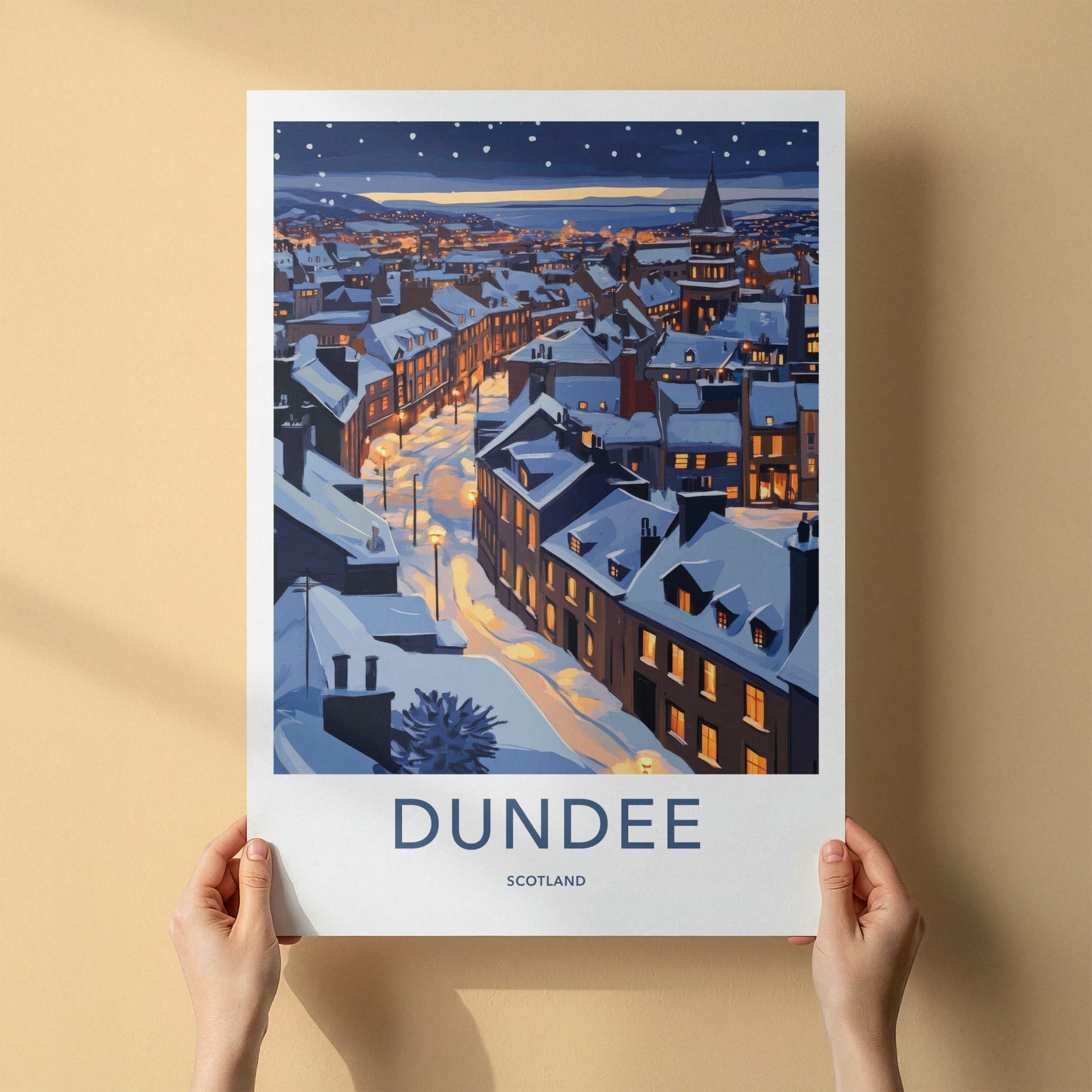 Dundee Poster - Scotland Travel Art - Snowy Cityscape Night Home Decor