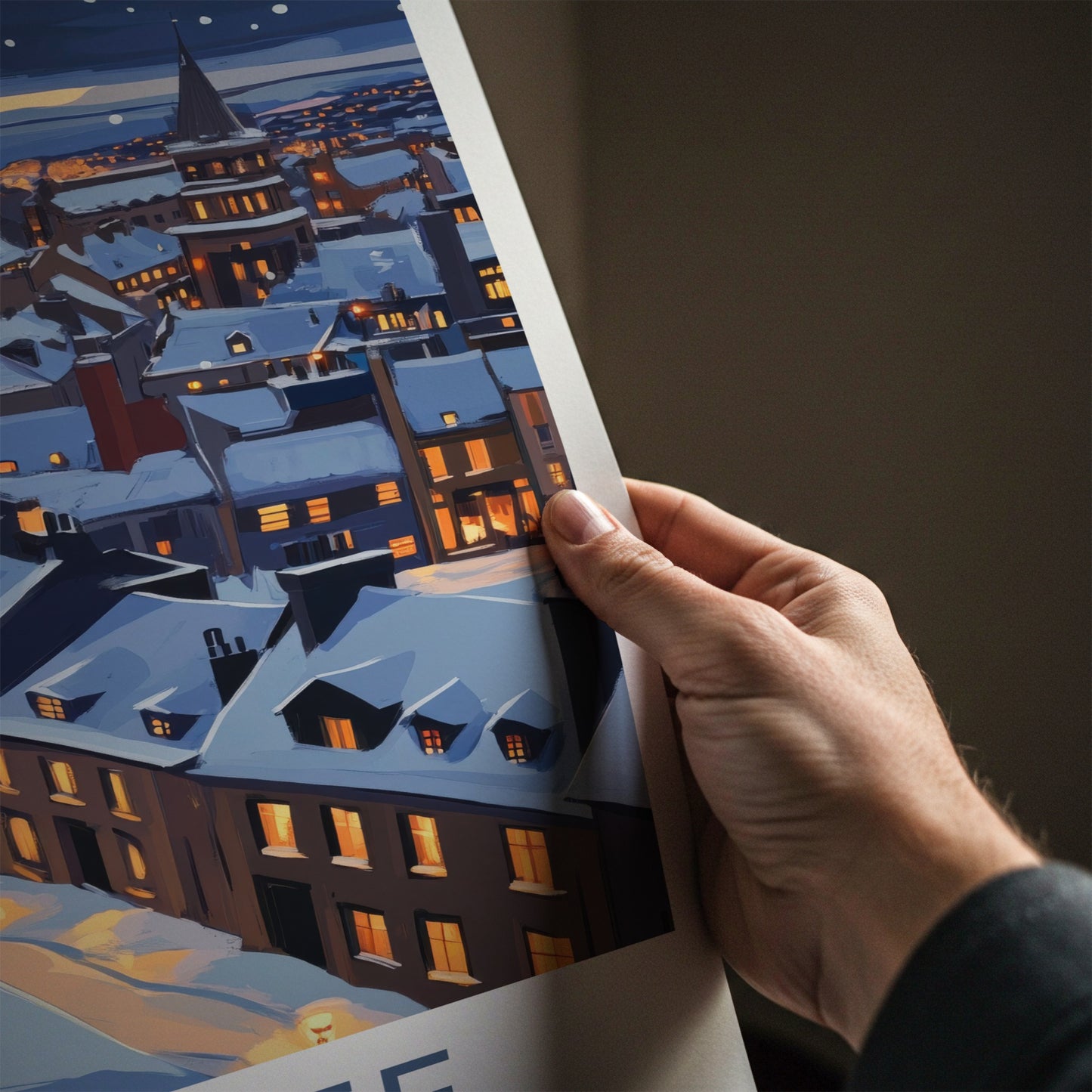 Dundee Poster - Scotland Travel Art - Snowy Cityscape Night Home Decor