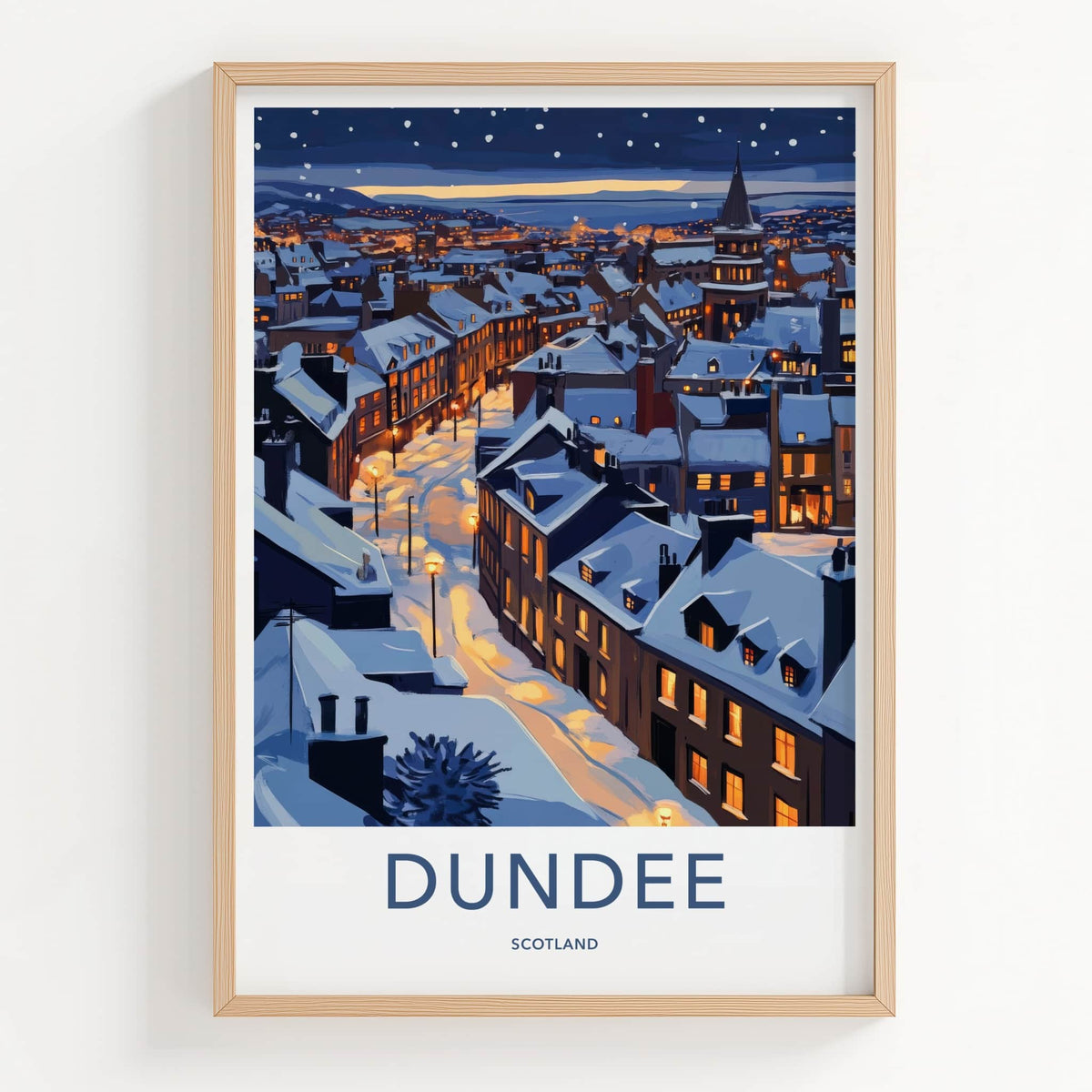 Dundee Poster - Scotland Travel Art - Snowy Cityscape Night Home Decor