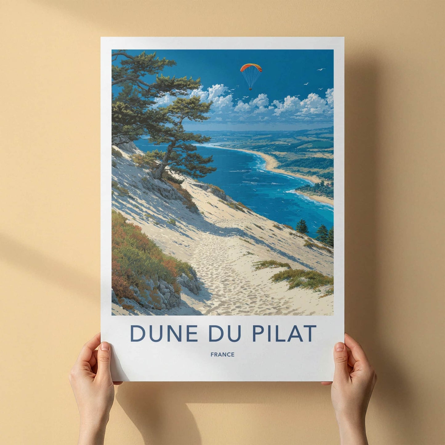 Dune du Pilat Poster - France Travel Art - Paraglider Ocean Beach Home Decor