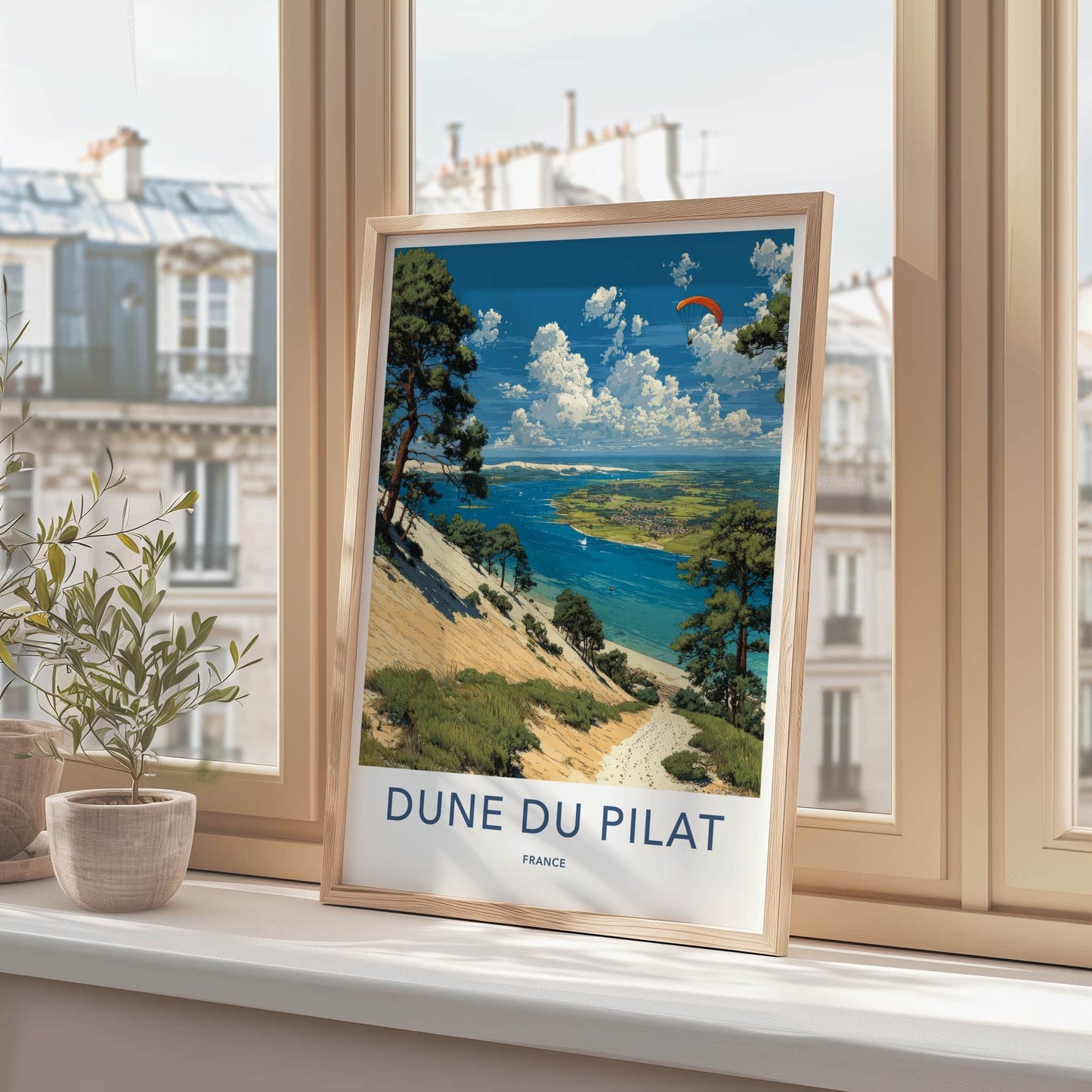 Dune du Pilat Poster - France Travel Art - Paraglider Over Water Wall Decor