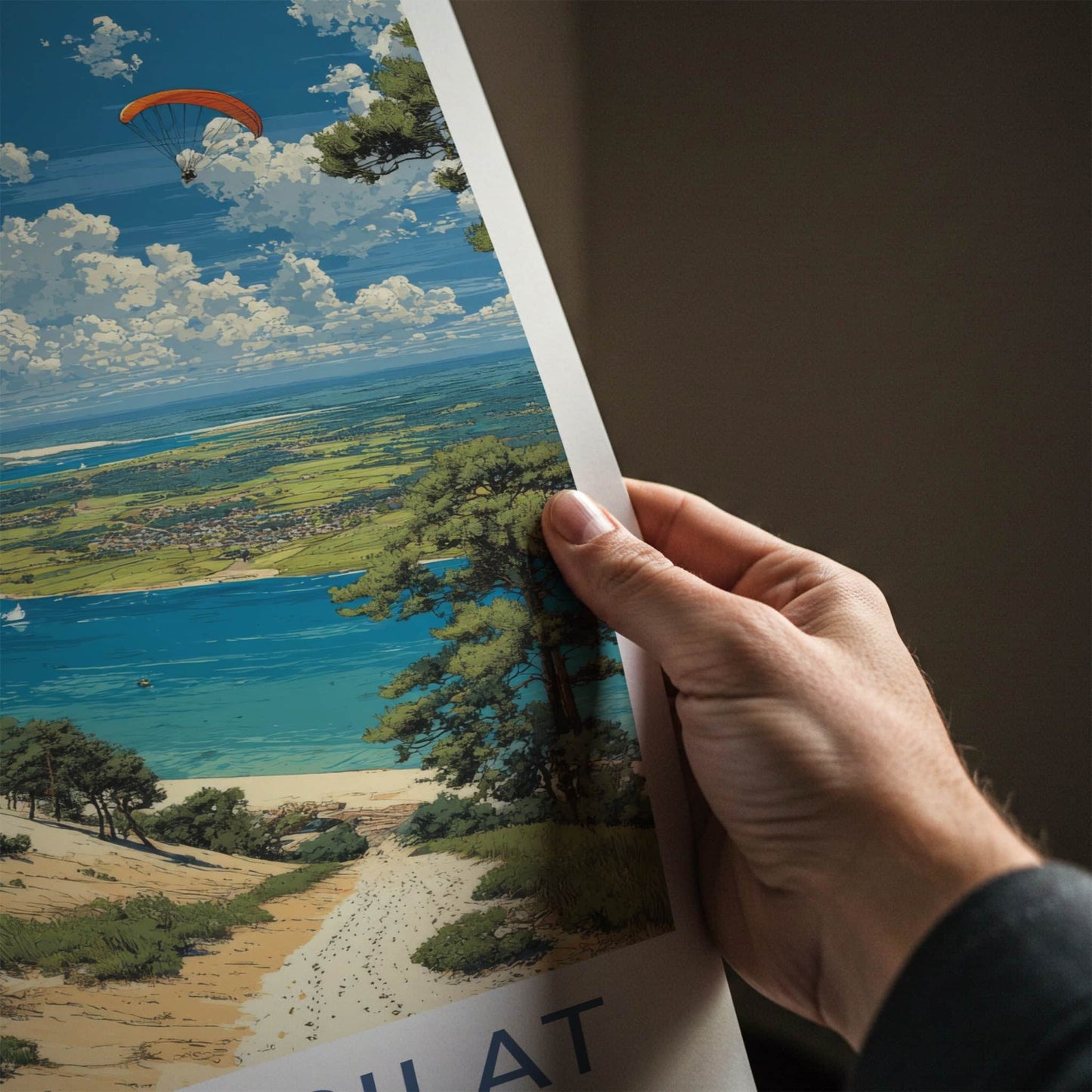 Dune du Pilat Poster - France Travel Art - Paraglider Over Water Wall Decor
