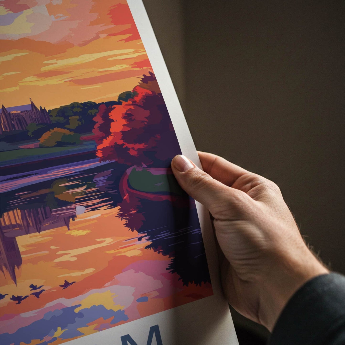 Durham Poster - England Travel Art - Sunset Cathedral River Reflection Home Decor