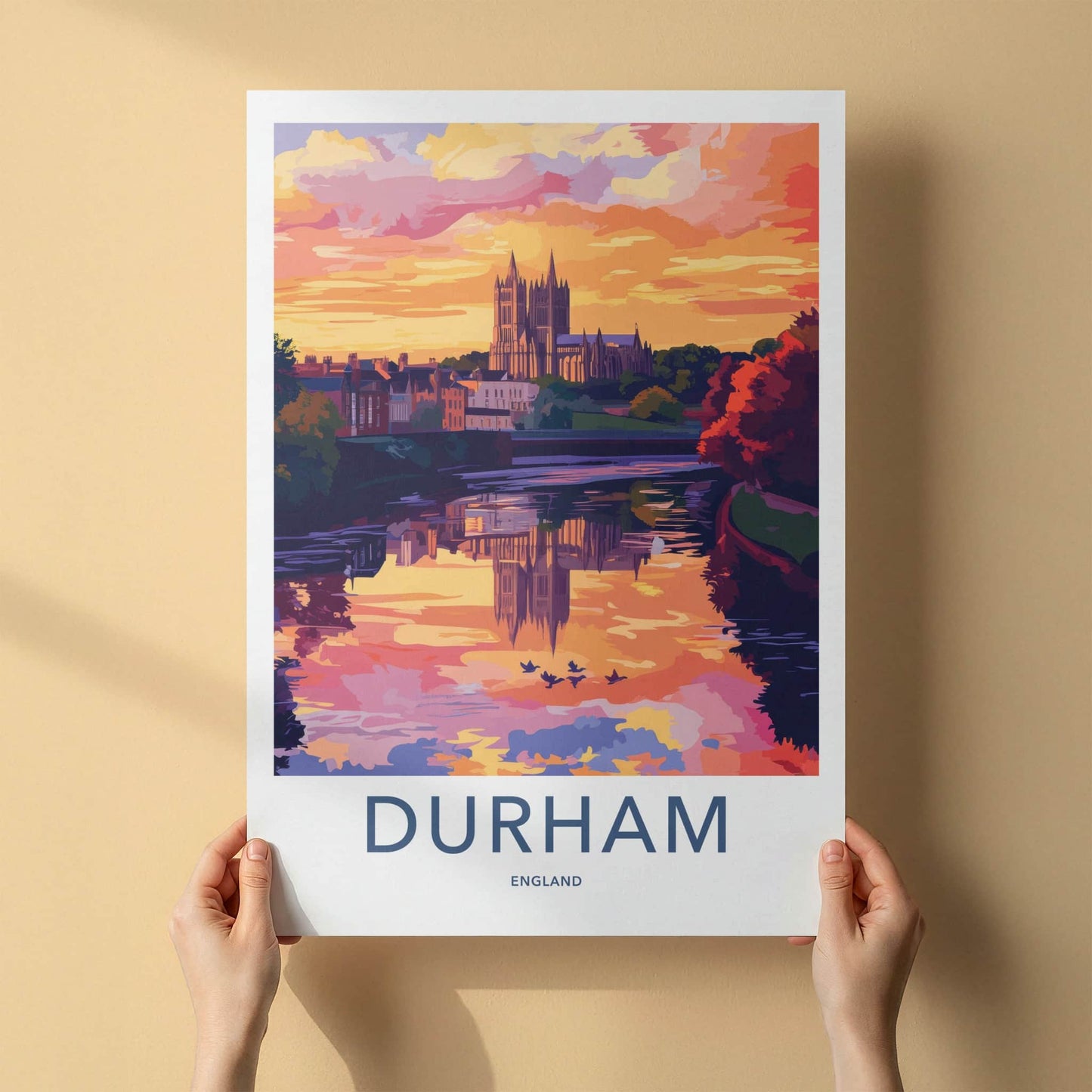 Durham Poster - England Travel Art - Sunset Cathedral River Reflection Home Decor
