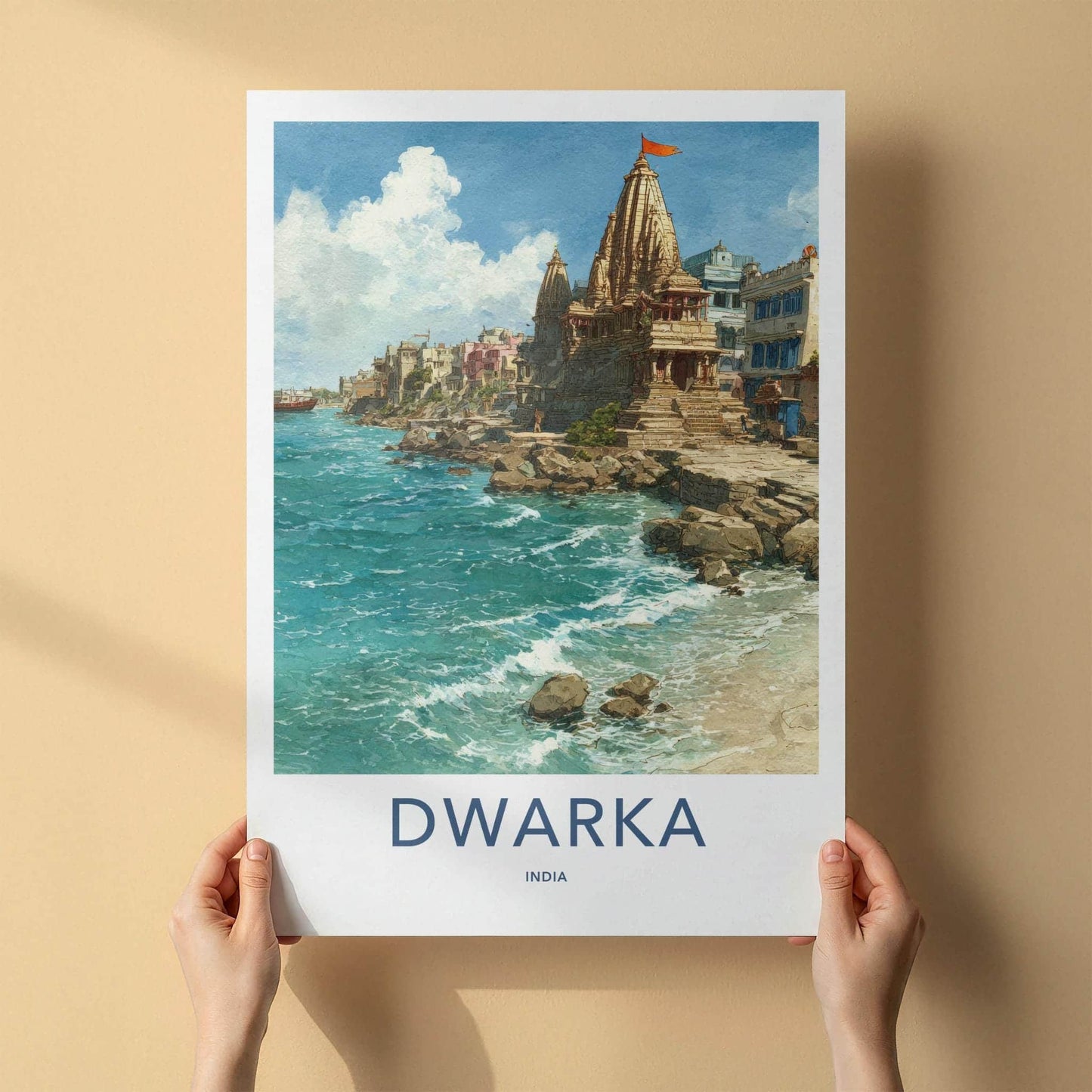 Dwarka Poster - India Travel Art - Gujarat Coastal Temple City Home Decor