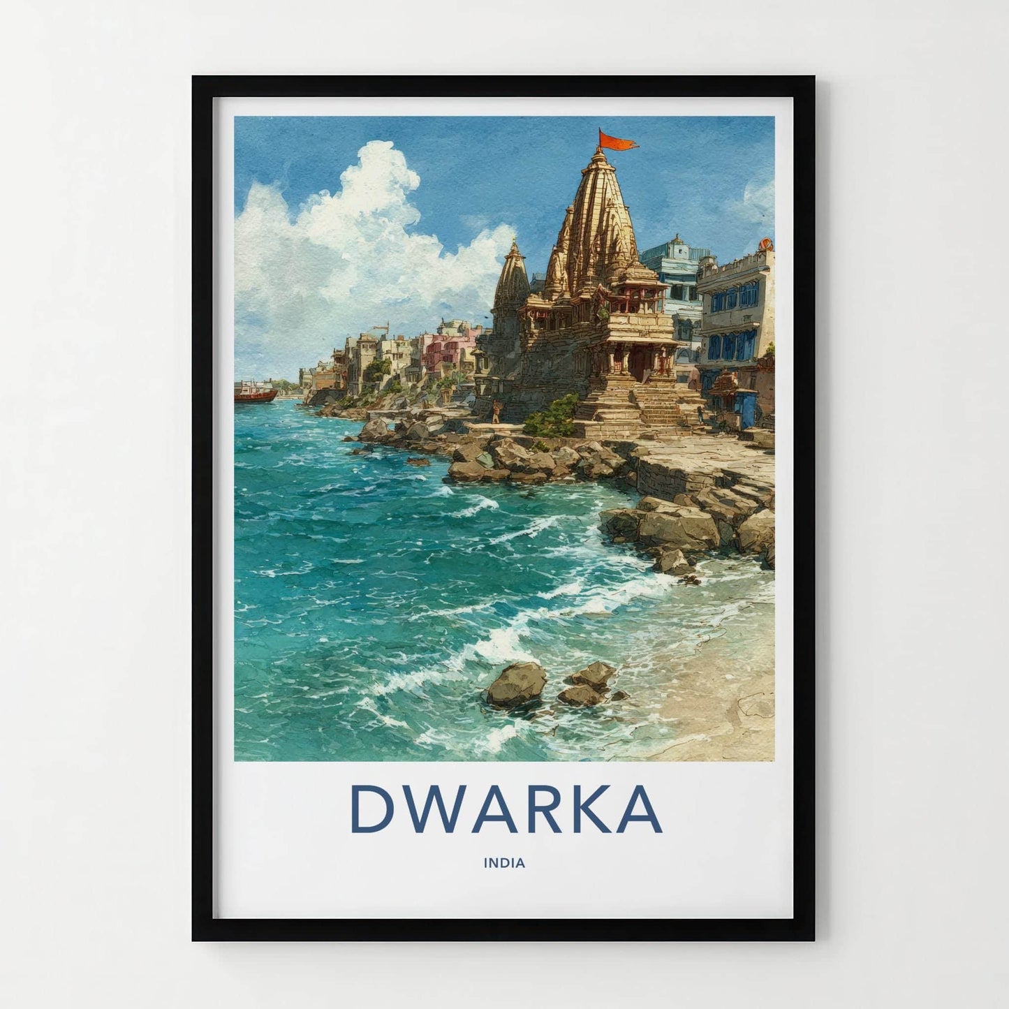 Dwarka Poster - India Travel Art - Gujarat Coastal Temple City Home Decor