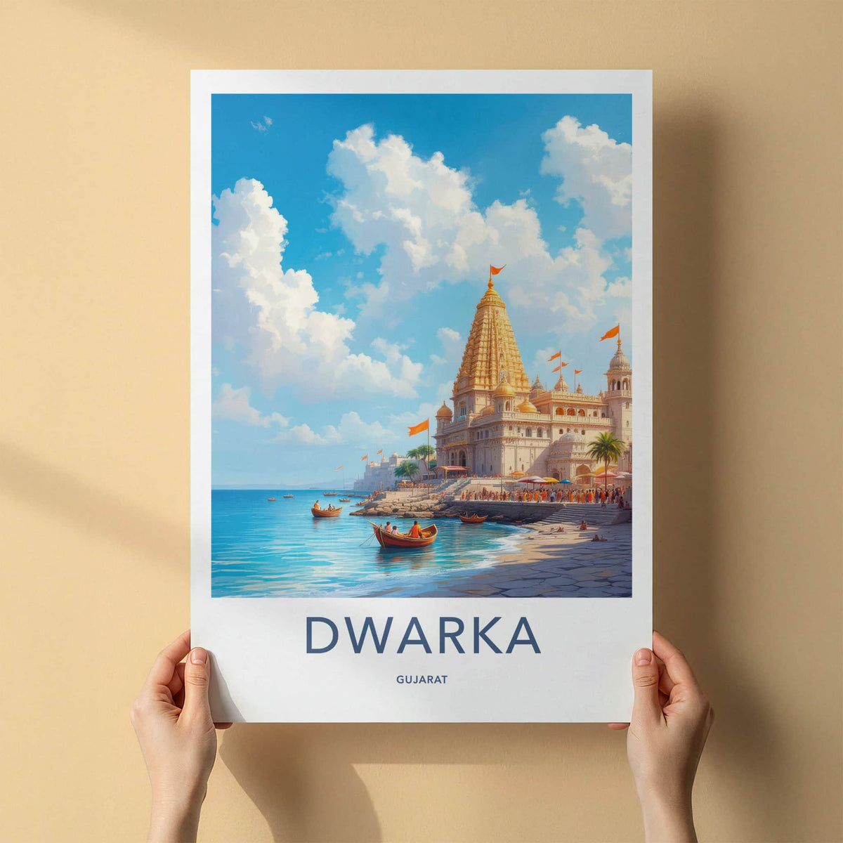 Dwarka Poster - India Travel Art - Gujarat Golden Temple Shore Home Decor