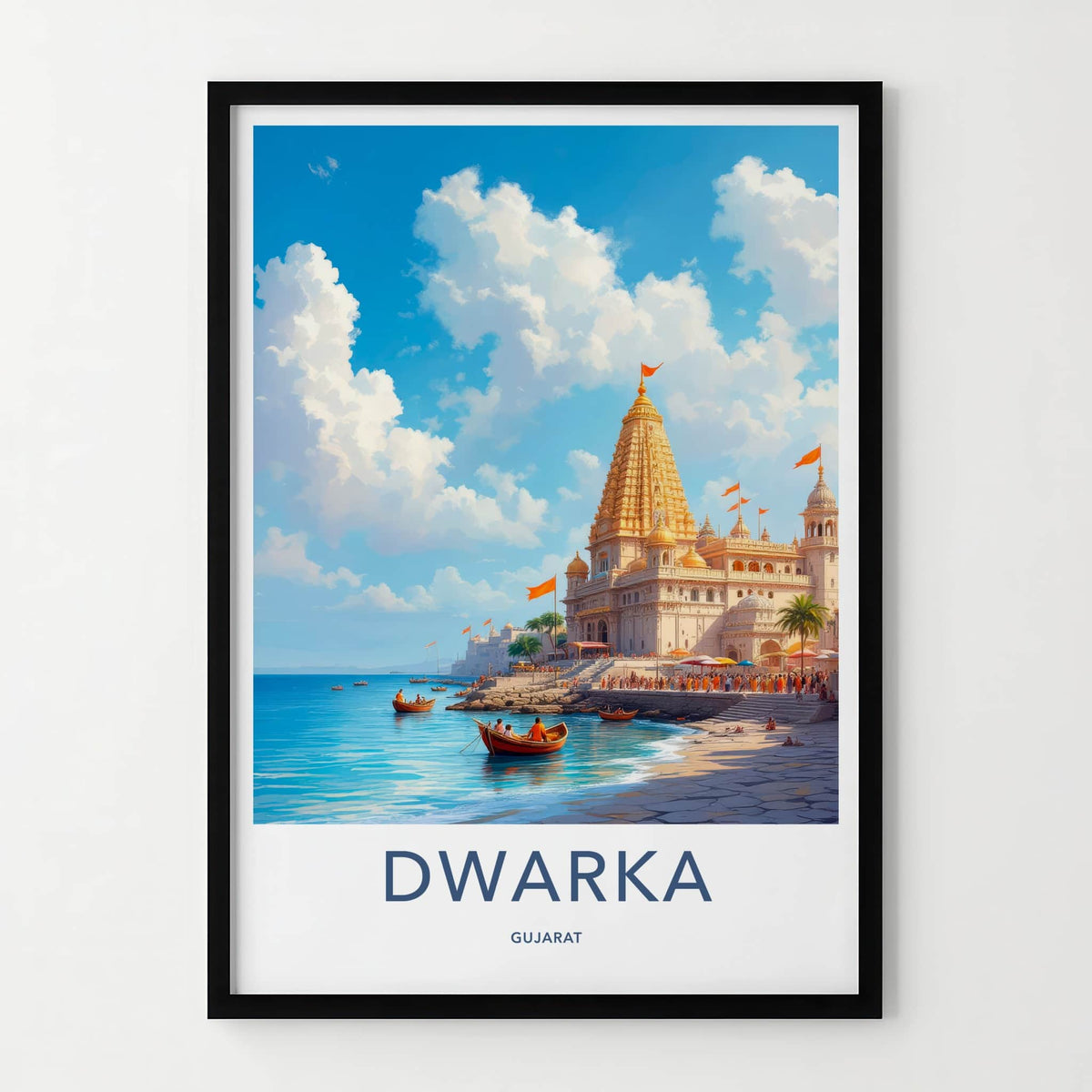 Dwarka Poster - India Travel Art - Gujarat Golden Temple Shore Home Decor