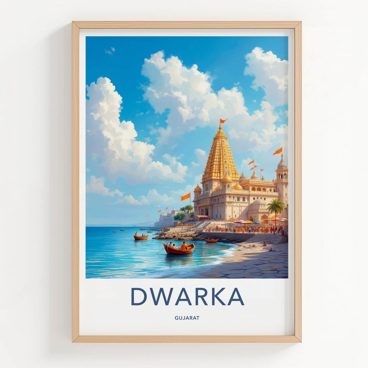 Dwarka Poster - India Travel Art - Gujarat Golden Temple Shore Home Decor