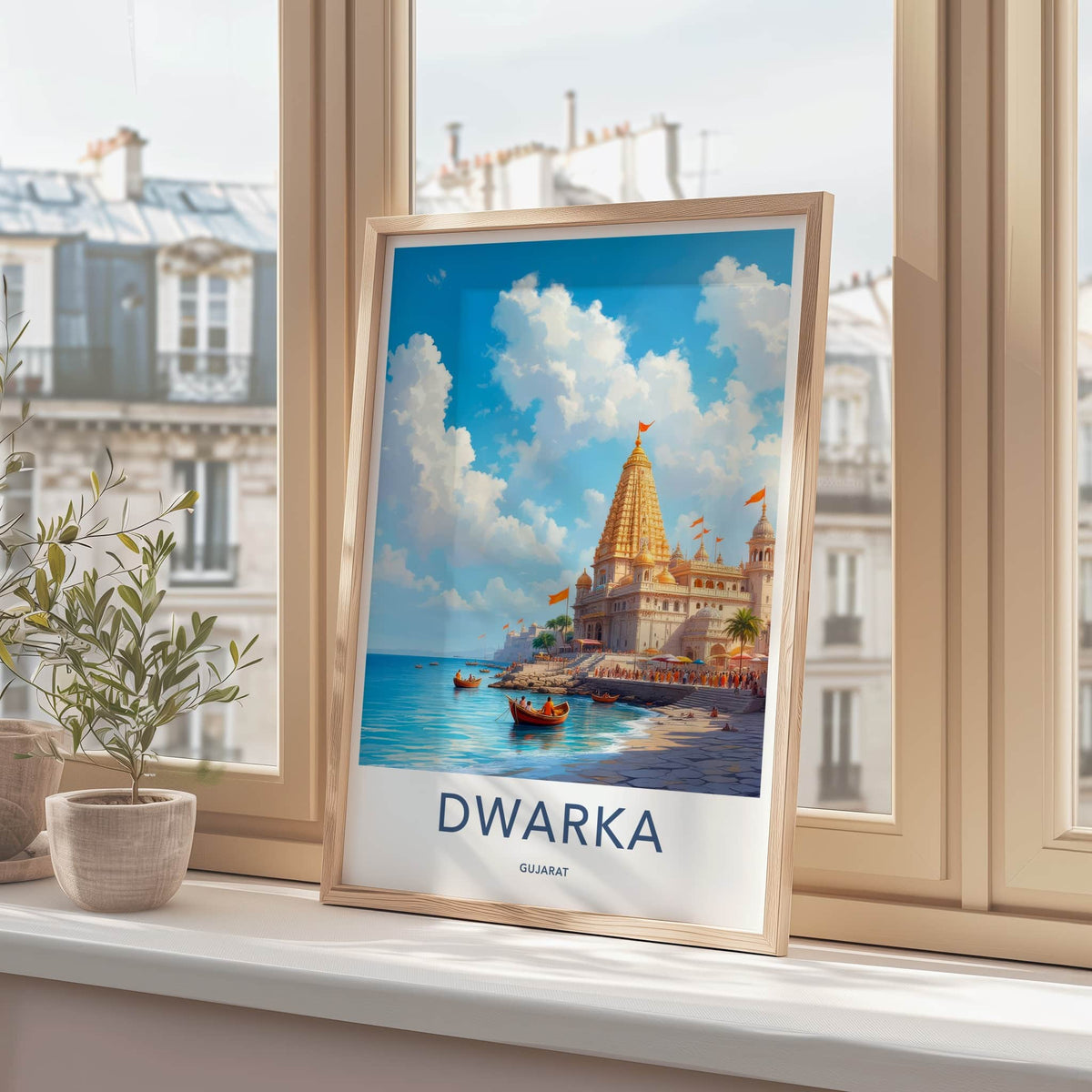 Dwarka Poster - India Travel Art - Gujarat Golden Temple Shore Home Decor