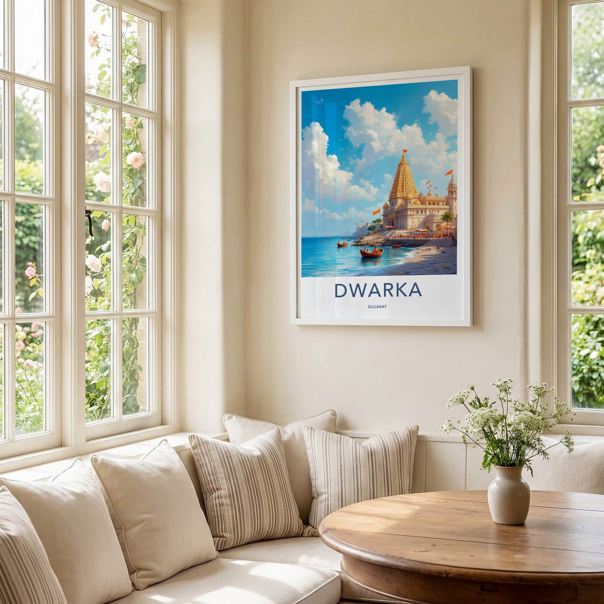Dwarka Poster - India Travel Art - Gujarat Golden Temple Shore Home Decor