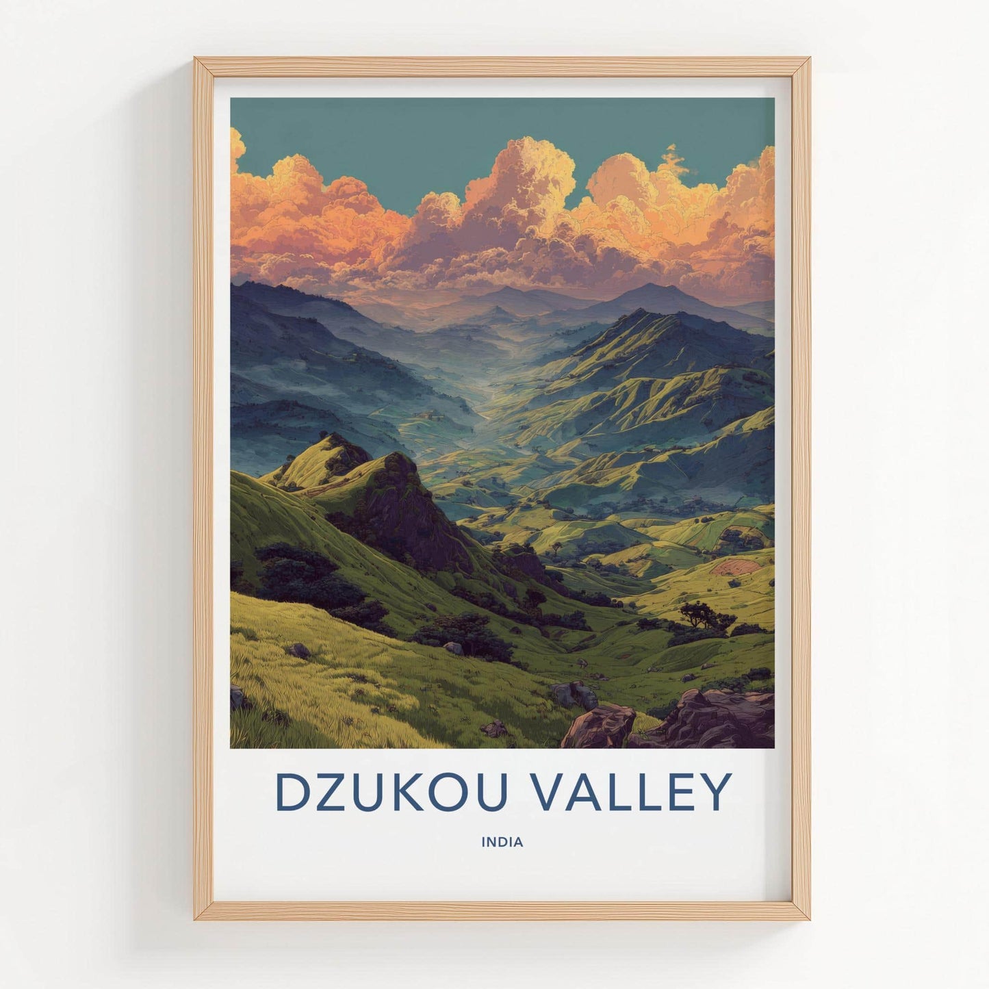 Dzukou Valley Poster - India Travel Art - Nagaland Golden Sky Valley Home Decor