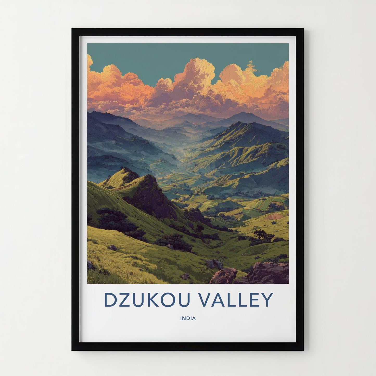 Dzukou Valley Poster - India Travel Art - Nagaland Golden Sky Valley Home Decor