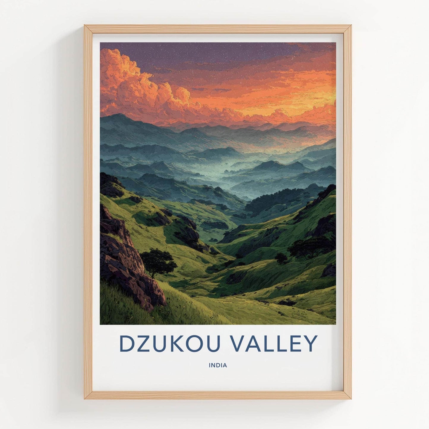 Dzukou Valley Poster - India Travel Art - Nagaland Vibrant Misty Peaks Wall Decor
