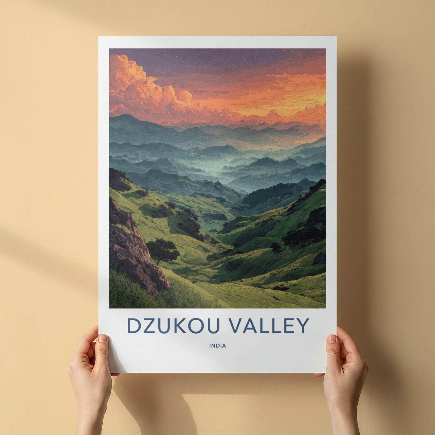Dzukou Valley Poster - India Travel Art - Nagaland Vibrant Misty Peaks Wall Decor