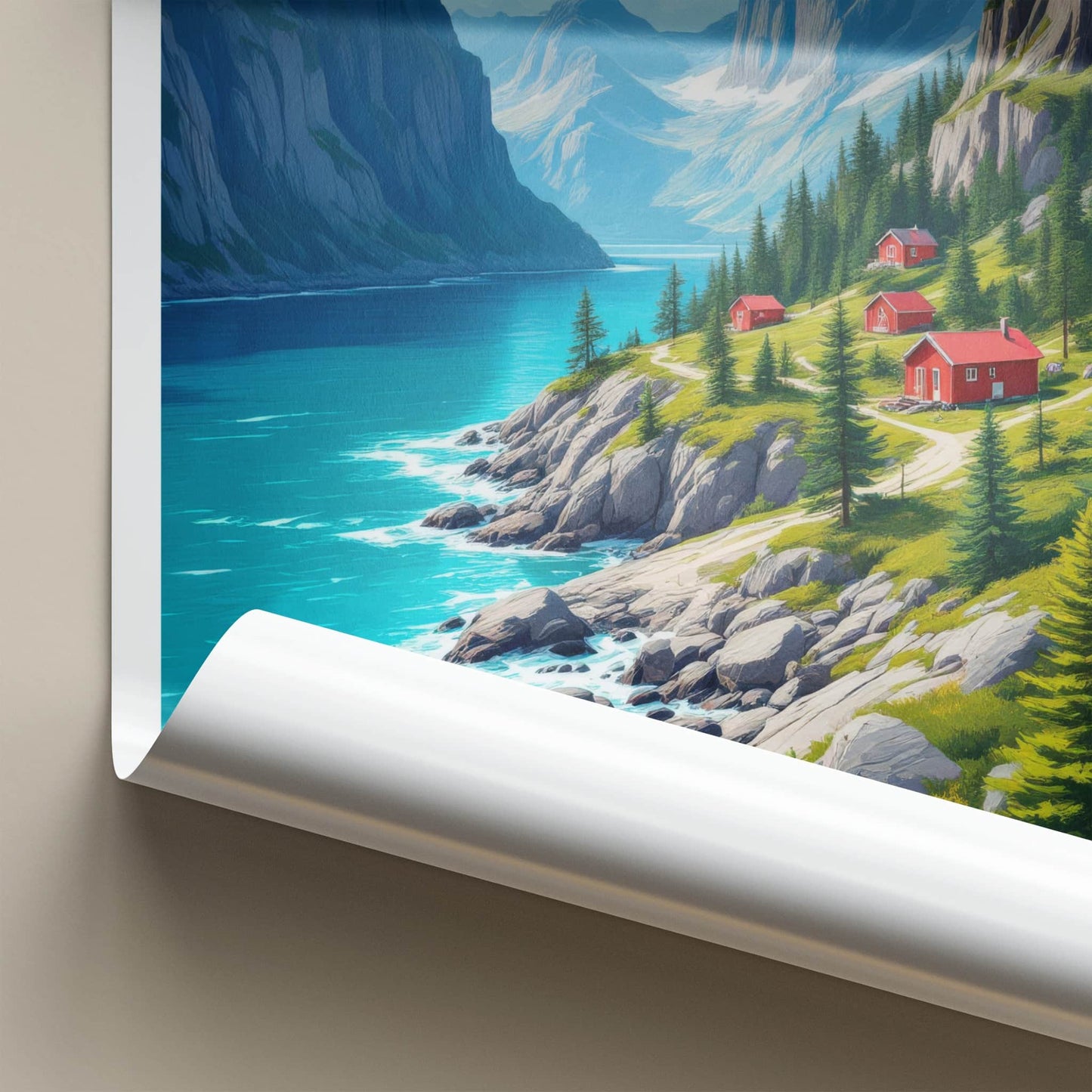 Senja Poster - Norway Travel Art - Fjord Mountain Redcabins Home Decor